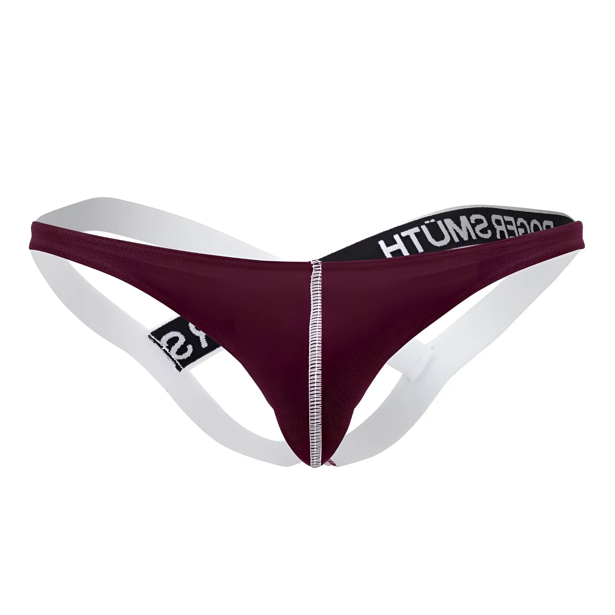 Maroon and white thong jockstrap with black elastic waistband and roger smith branding in bold white letters