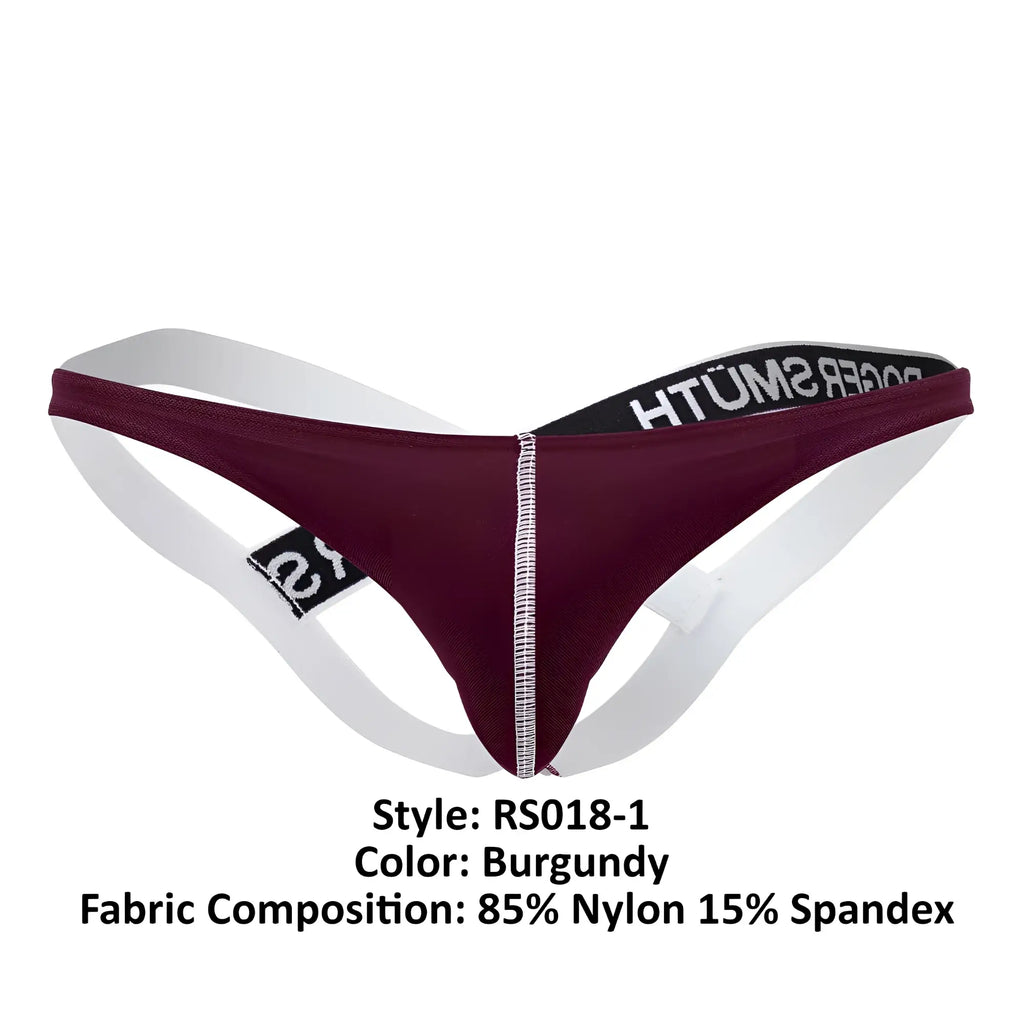 Burgundy Roger smuth RS018-1 jockstrap with white side straps and black elastic waistband featuring brand name