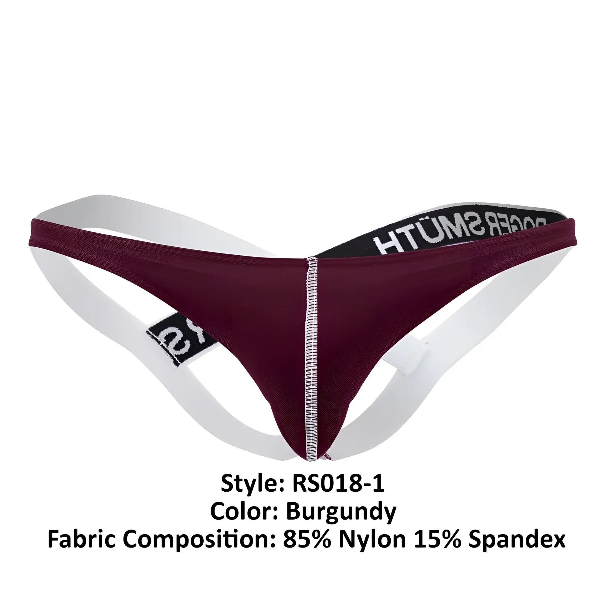 Burgundy Roger smuth RS018-1 jockstrap with white side straps and black elastic waistband featuring brand name