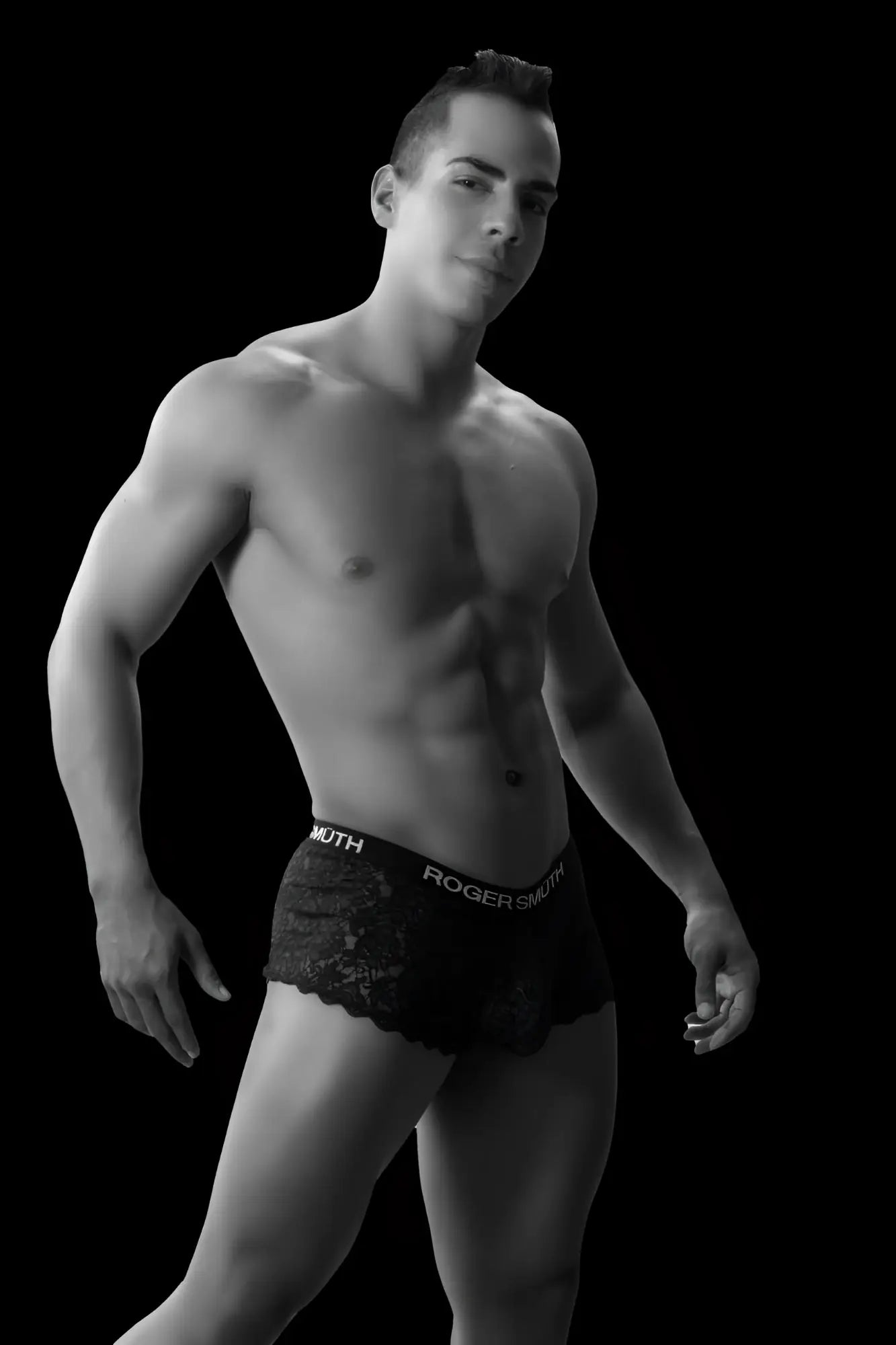 Roger smuth rs035 burgundy men’s trunks with black lace trim and rogers branded waistband
