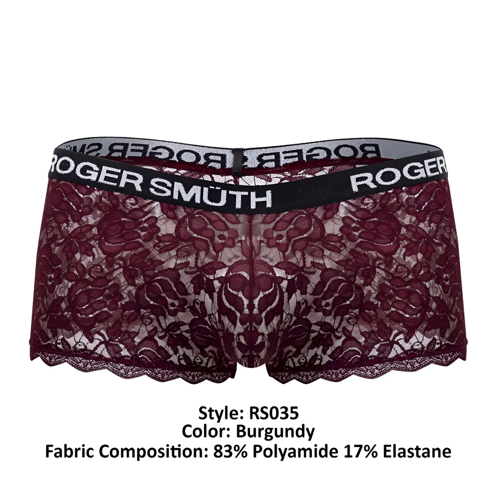 Roger Smuth RS035 trunks in burgundy lace with a black elastic waistband featuring Roger Smuth branding