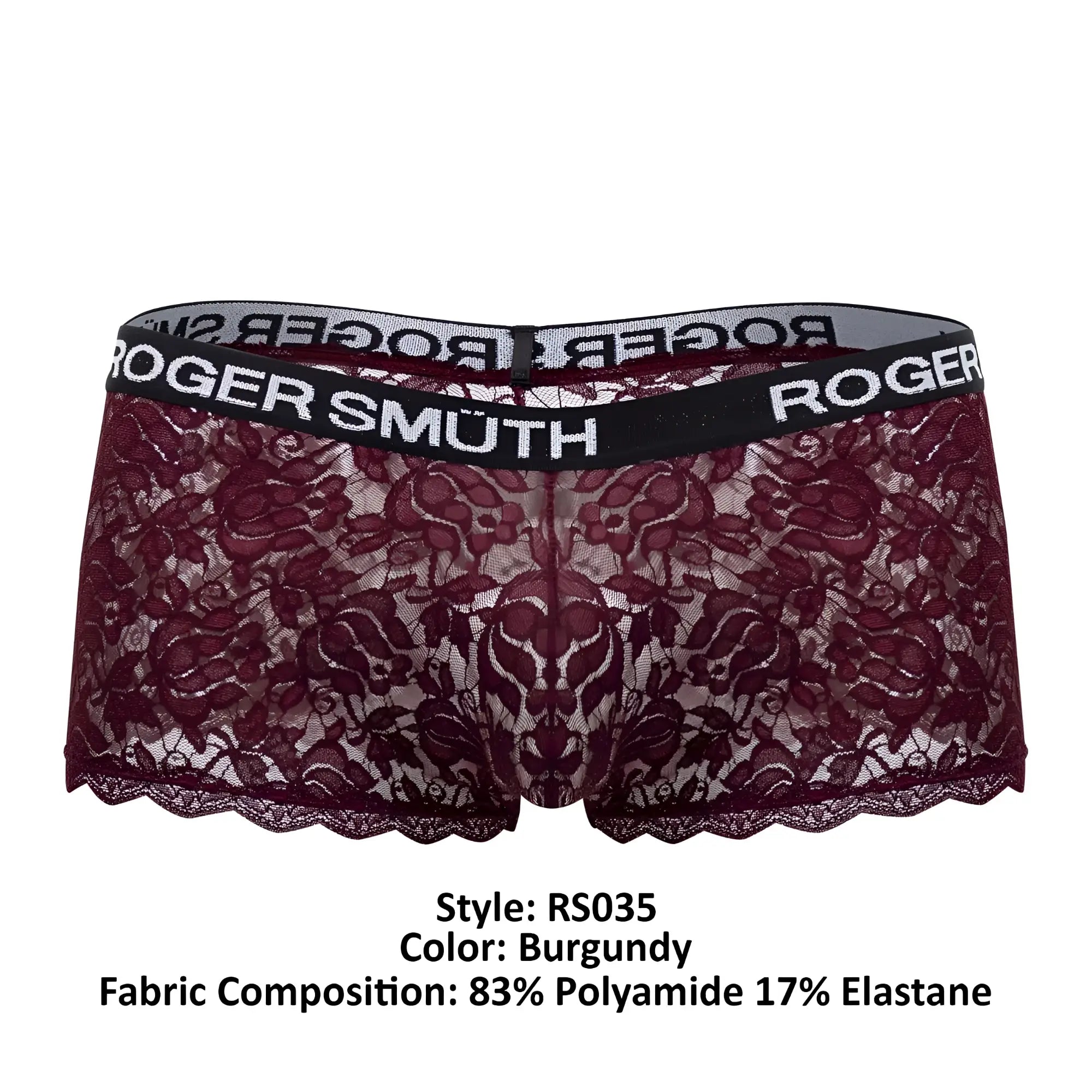 Roger Smuth RS035 trunks in burgundy lace with a black elastic waistband featuring Roger Smuth branding