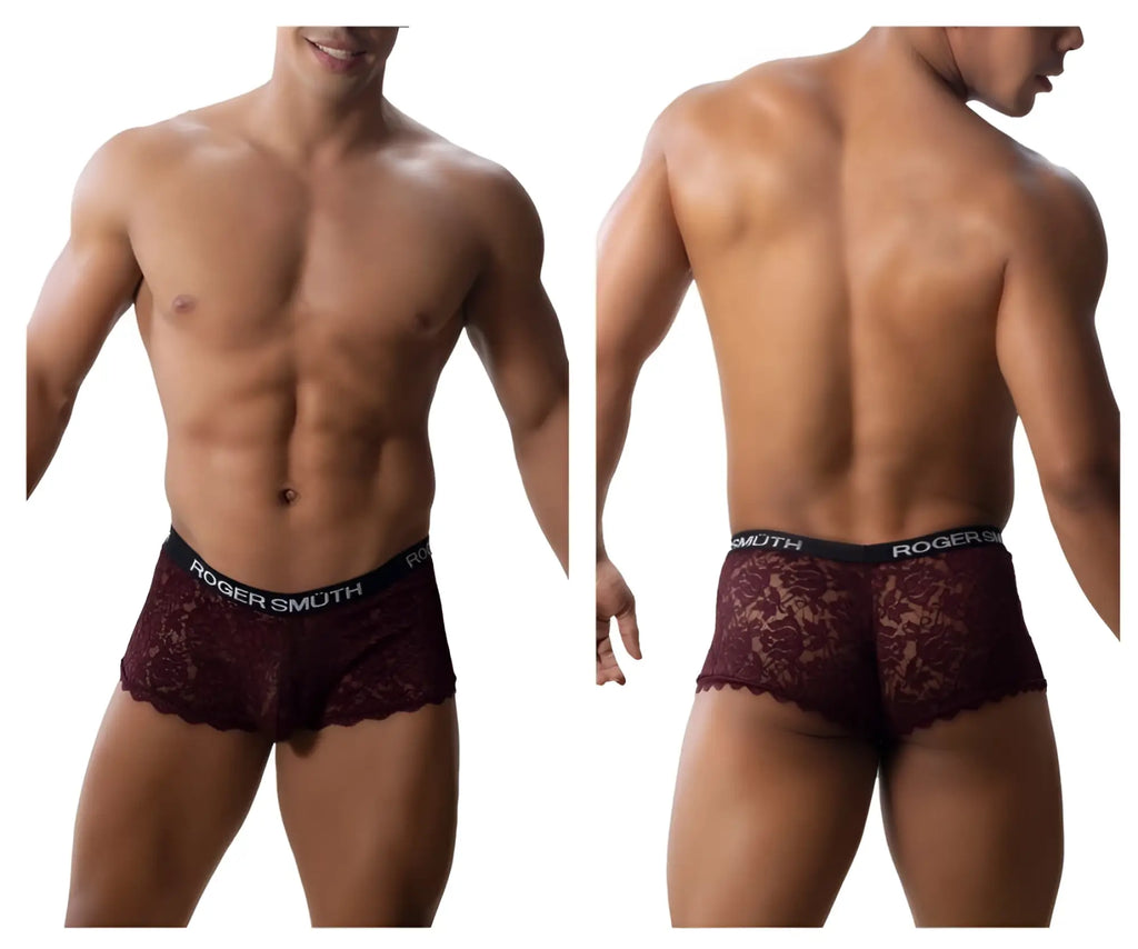Roger Smuth RS035 trunks in burgundy lace with black elastic waistband featuring the brand logo
