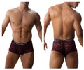 Roger Smuth RS035 trunks in burgundy lace with black elastic waistband featuring the brand logo