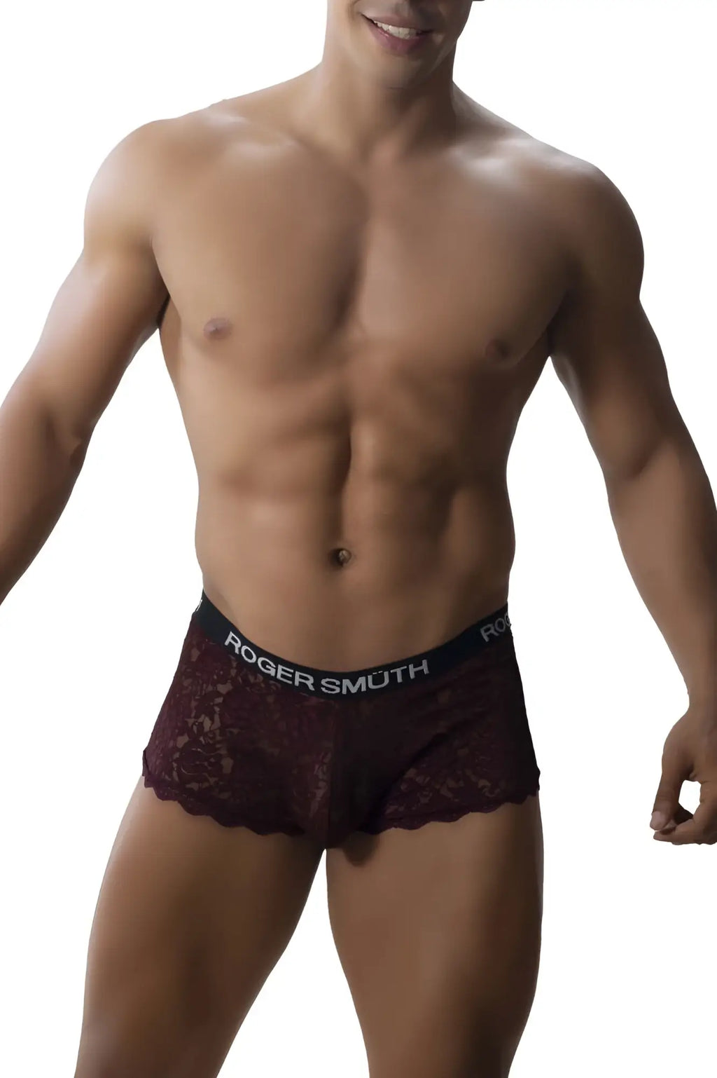 Maroon lace boxer briefs with black elastic waistband featuring roger smuth brand name in white lettering