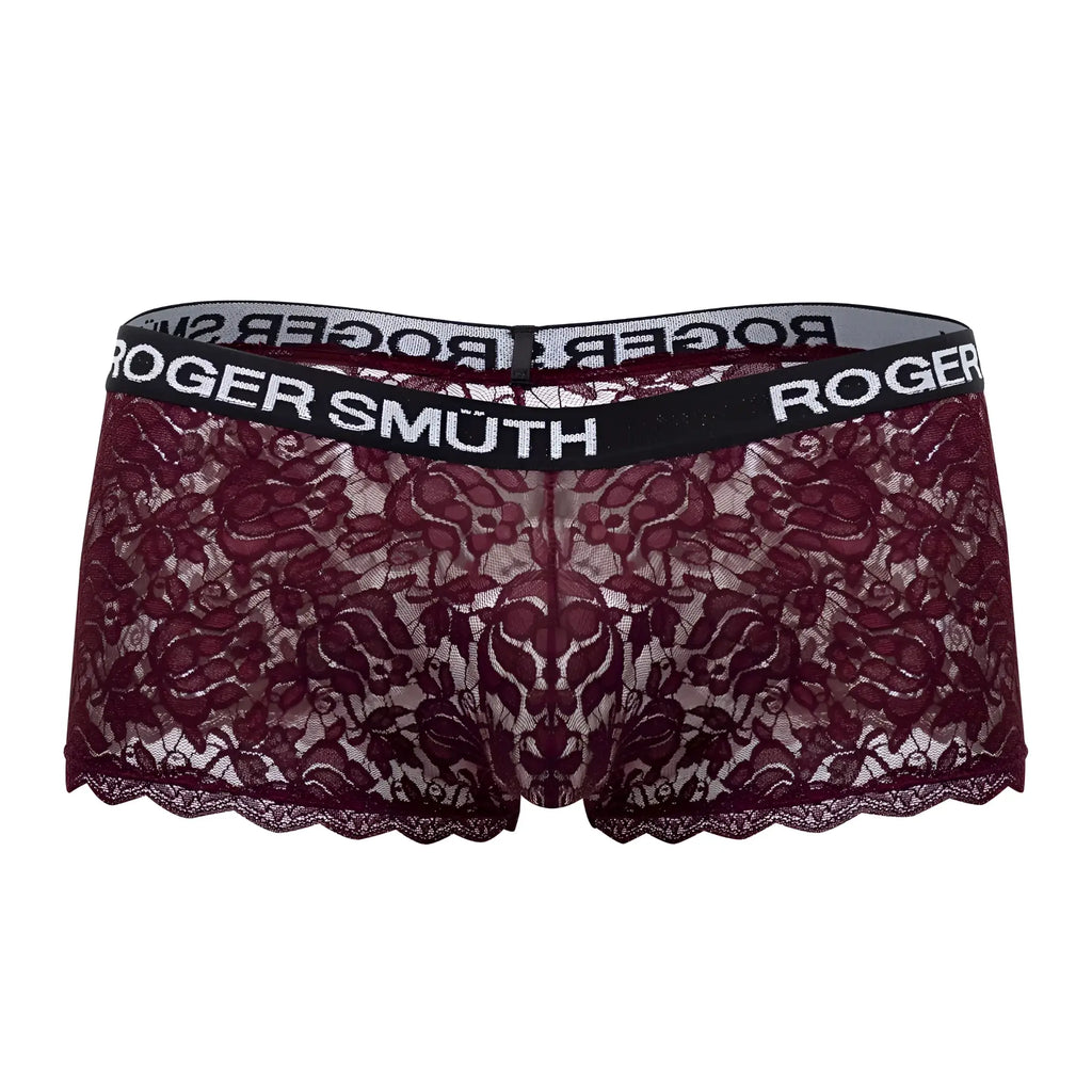 Roger smuth rs035 trunks burgundy lace underwear with black elastic waistband and white brand name lettering