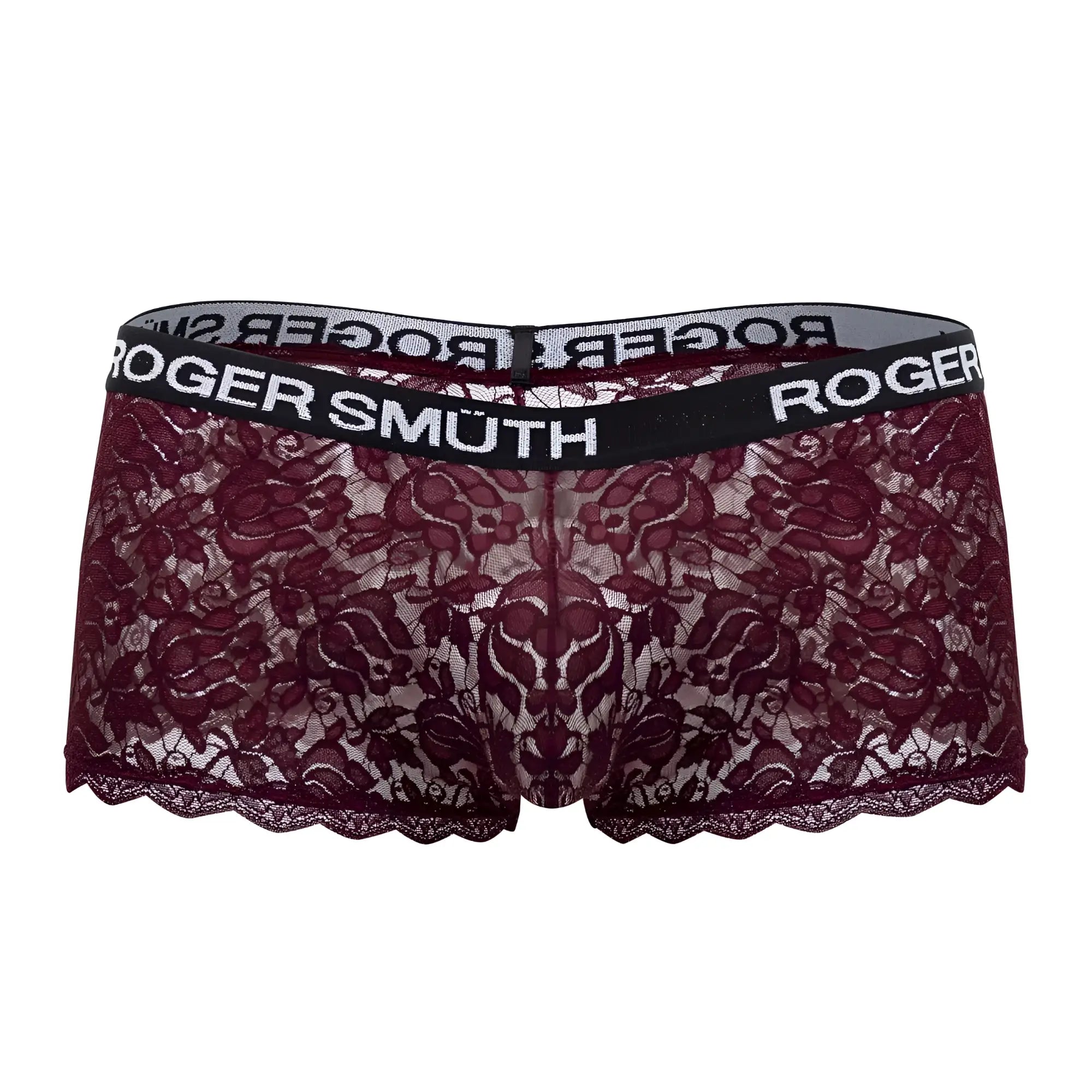 Roger smuth rs035 trunks burgundy lace underwear with black elastic waistband and white brand name lettering