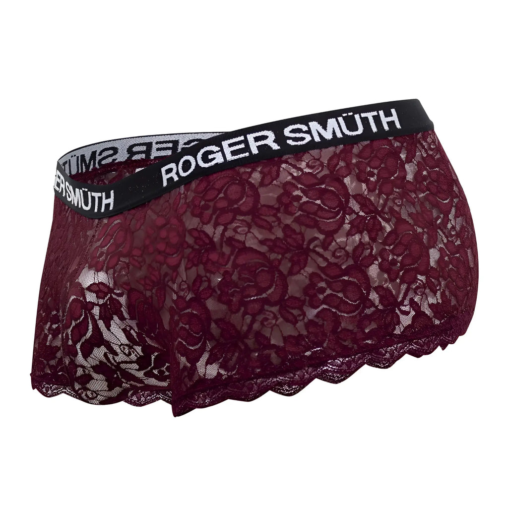 Roger smuth rs035 trunks burgundy lace underwear with black elastic waistband and roger smüth logo in white