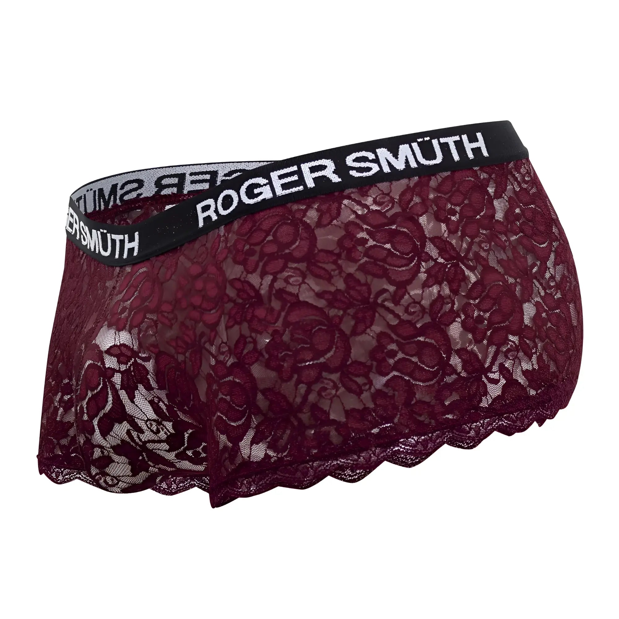 Roger smuth rs035 trunks burgundy lace underwear with black elastic waistband and roger smüth logo in white