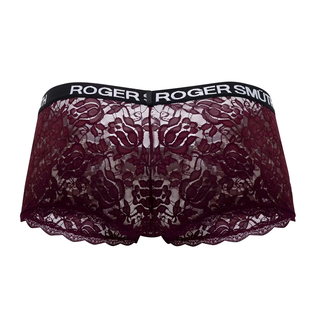Maroon lace roger smuth rs035 trunks with black elastic waistband and white brand name lettering