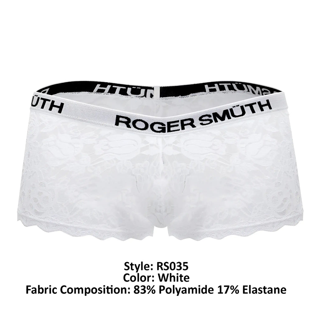 White lace men’s underwear trunks with black elastic waistband branded roger smuth rs035 in white color
