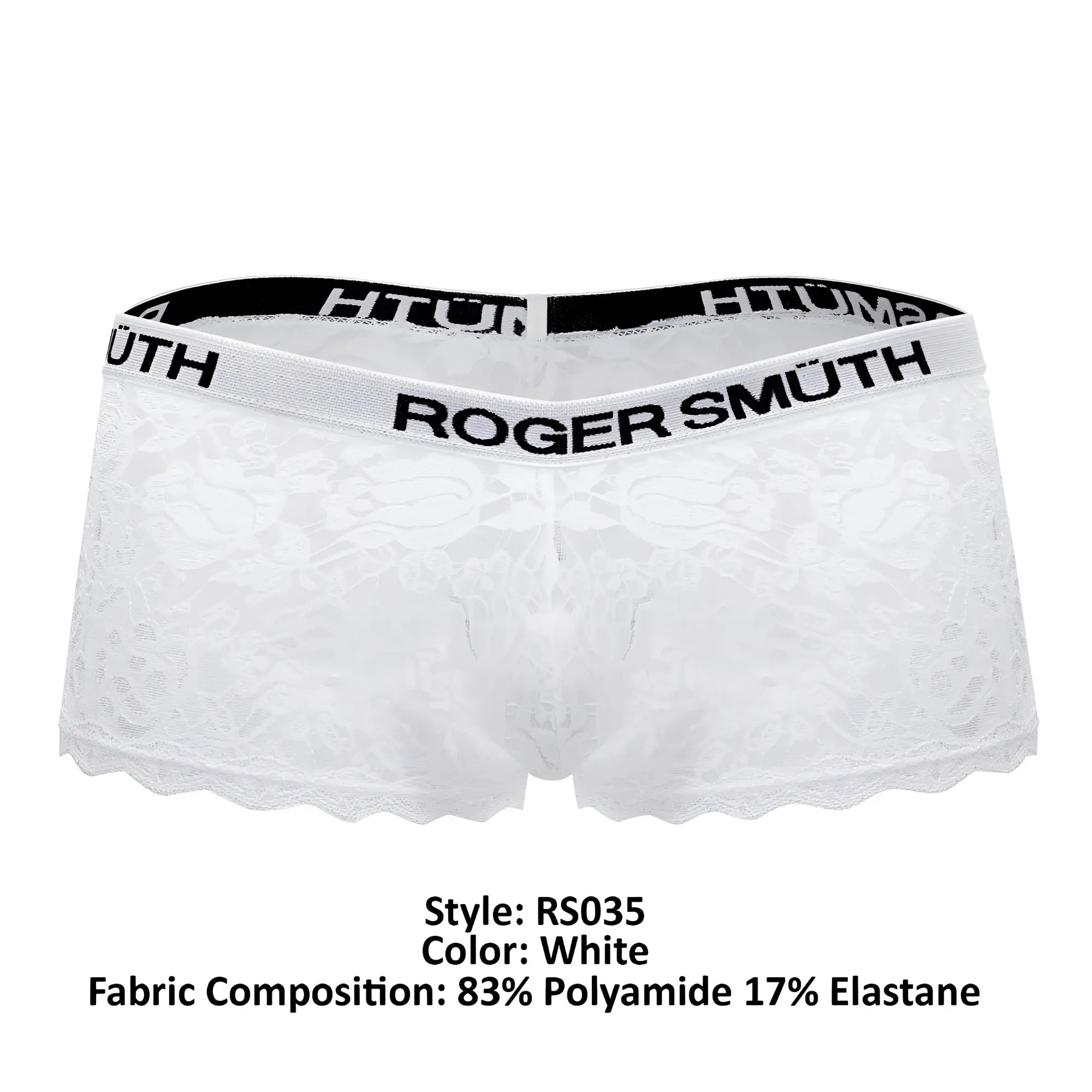 White lace men’s underwear trunks with black elastic waistband branded roger smuth rs035 in white color