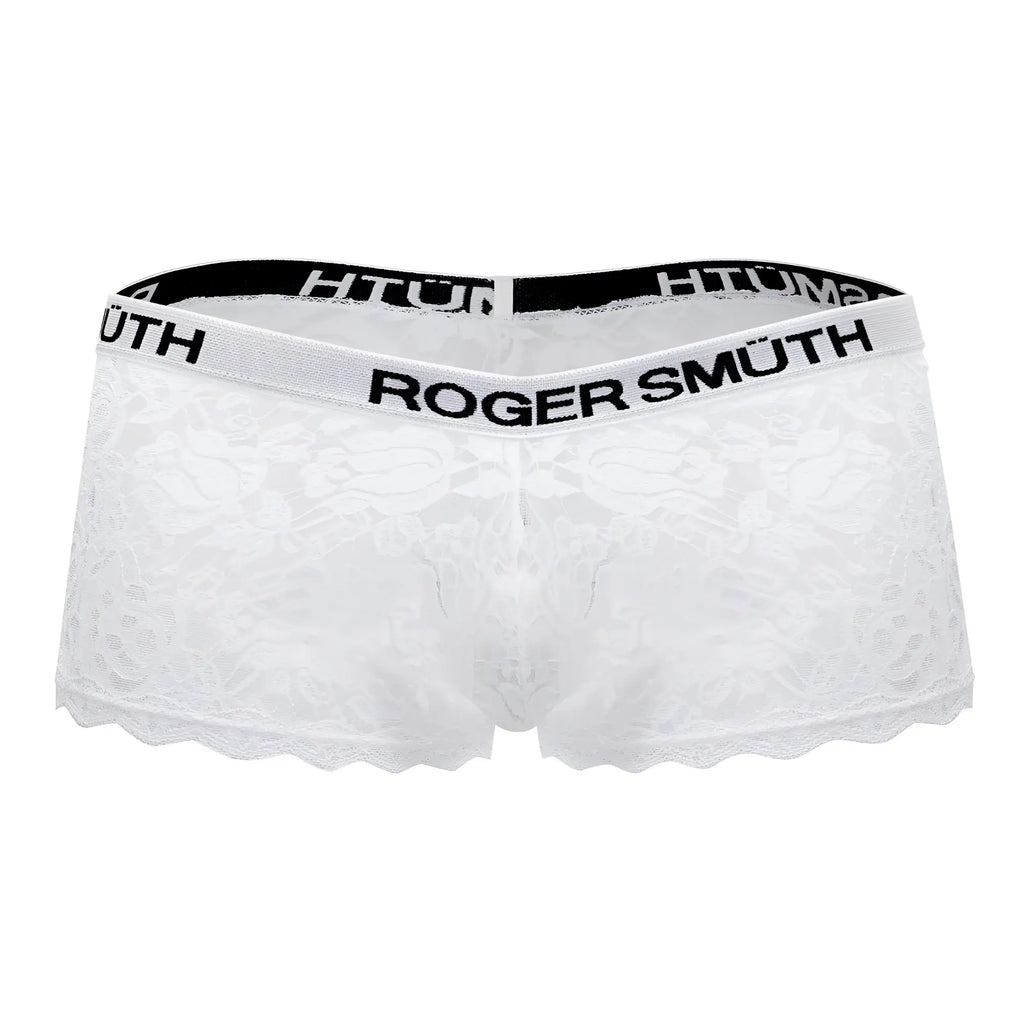 Roger smuth rs035 trunks white lace men’s underwear with black elastic waistband and bold roger smuth branding