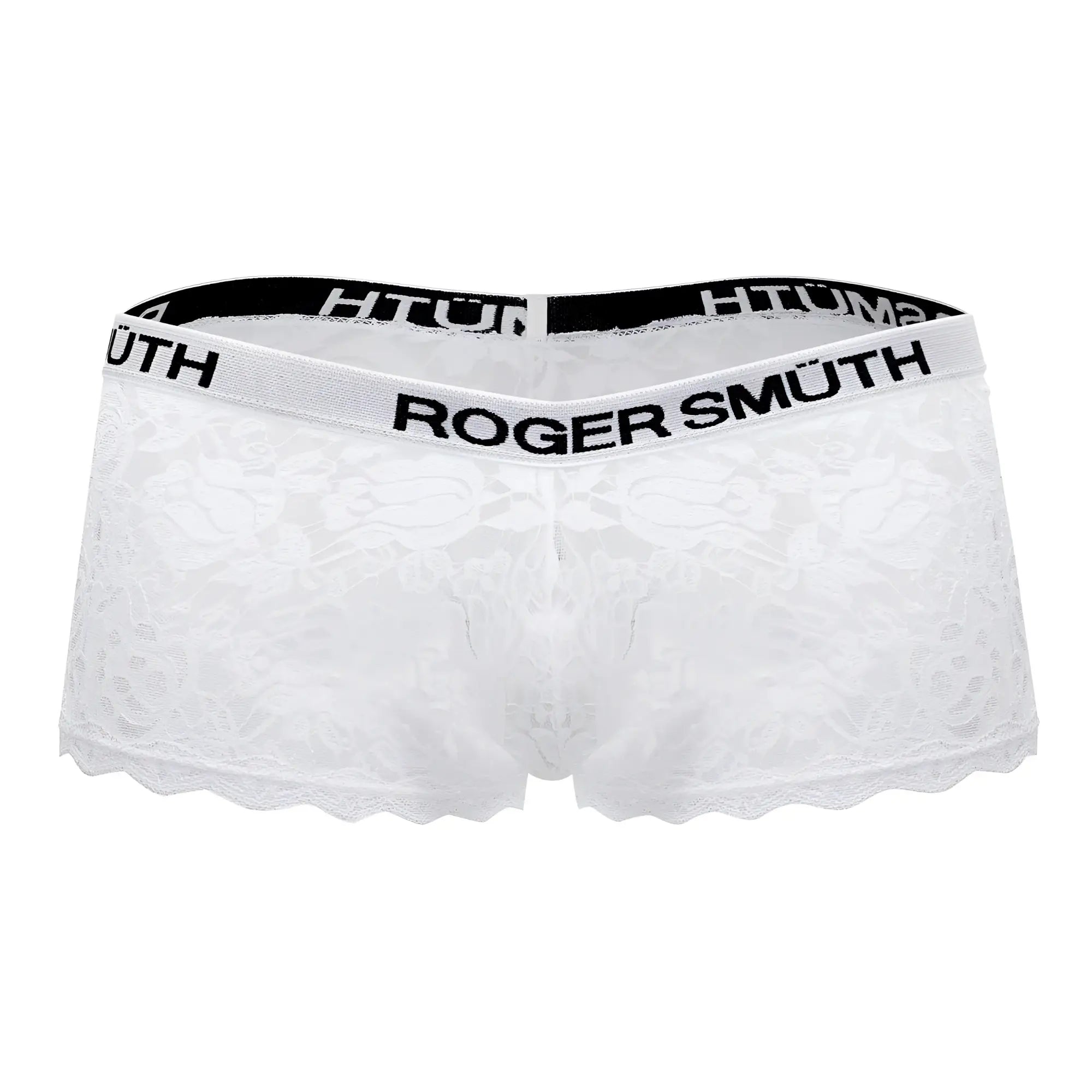 Roger smuth rs035 trunks white lace men’s underwear with black elastic waistband and bold roger smuth branding
