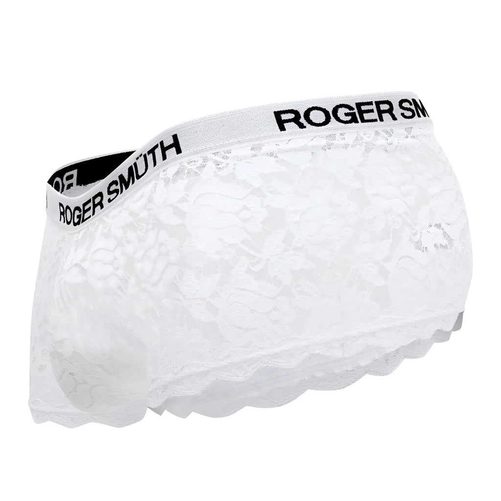 White lace briefs with scalloped hem and roger smu branding on elastic waistband from roger smuth rs035 trunks