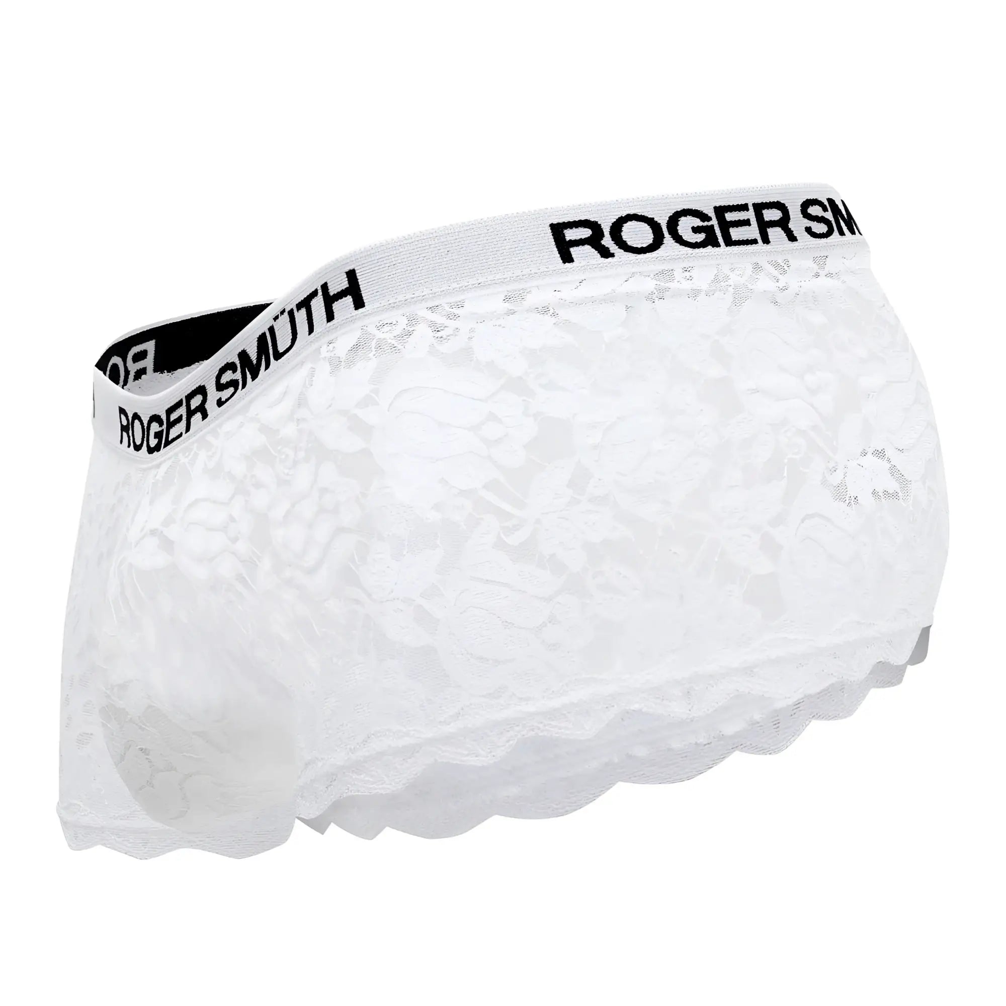 White lace briefs with scalloped hem and roger smu branding on elastic waistband from roger smuth rs035 trunks