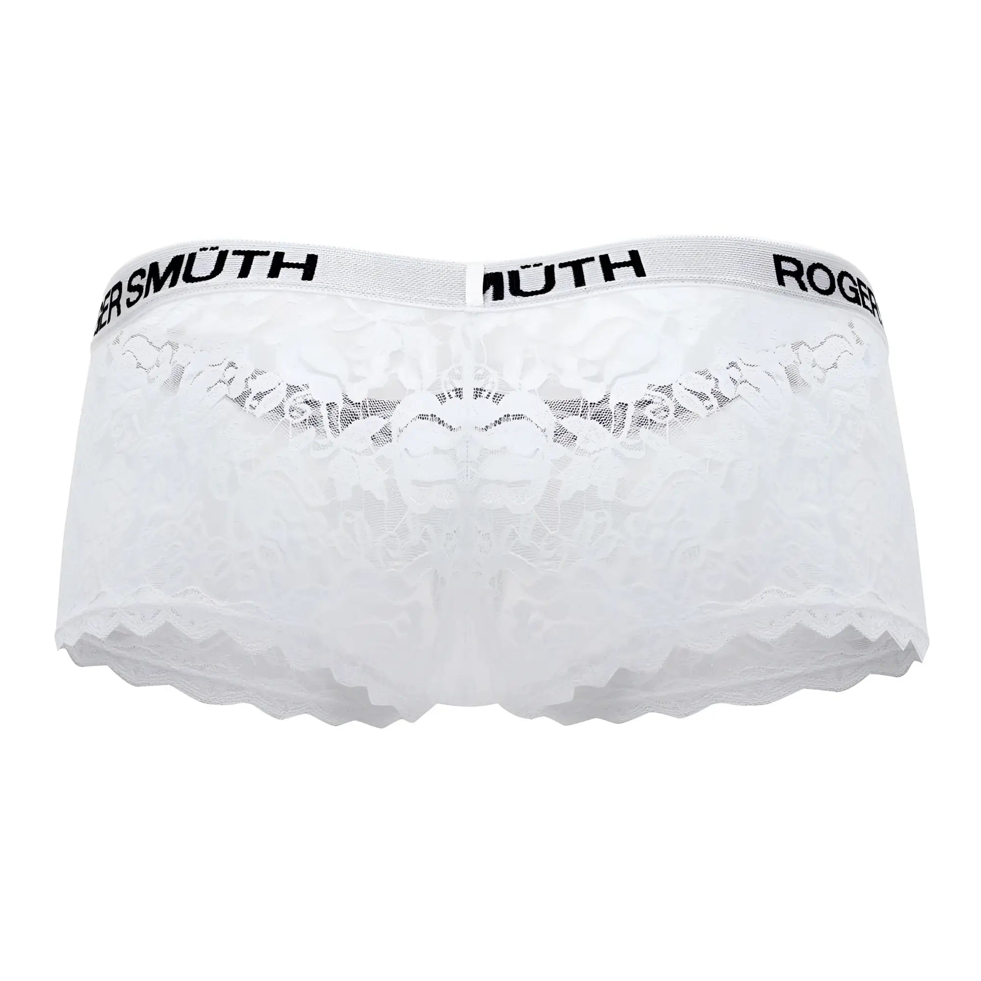 White lace Roger Smuth RS035 trunks with scalloped edge and black branding on the waistband in color white