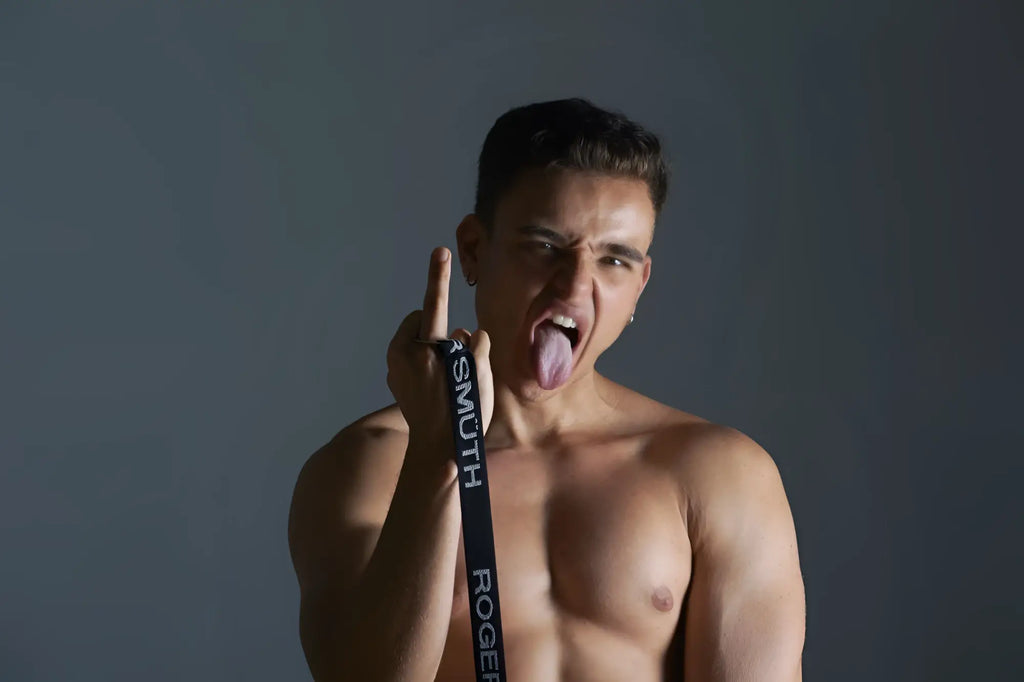Black roger smith rs037 harness belt with white lettering designed for durability and support