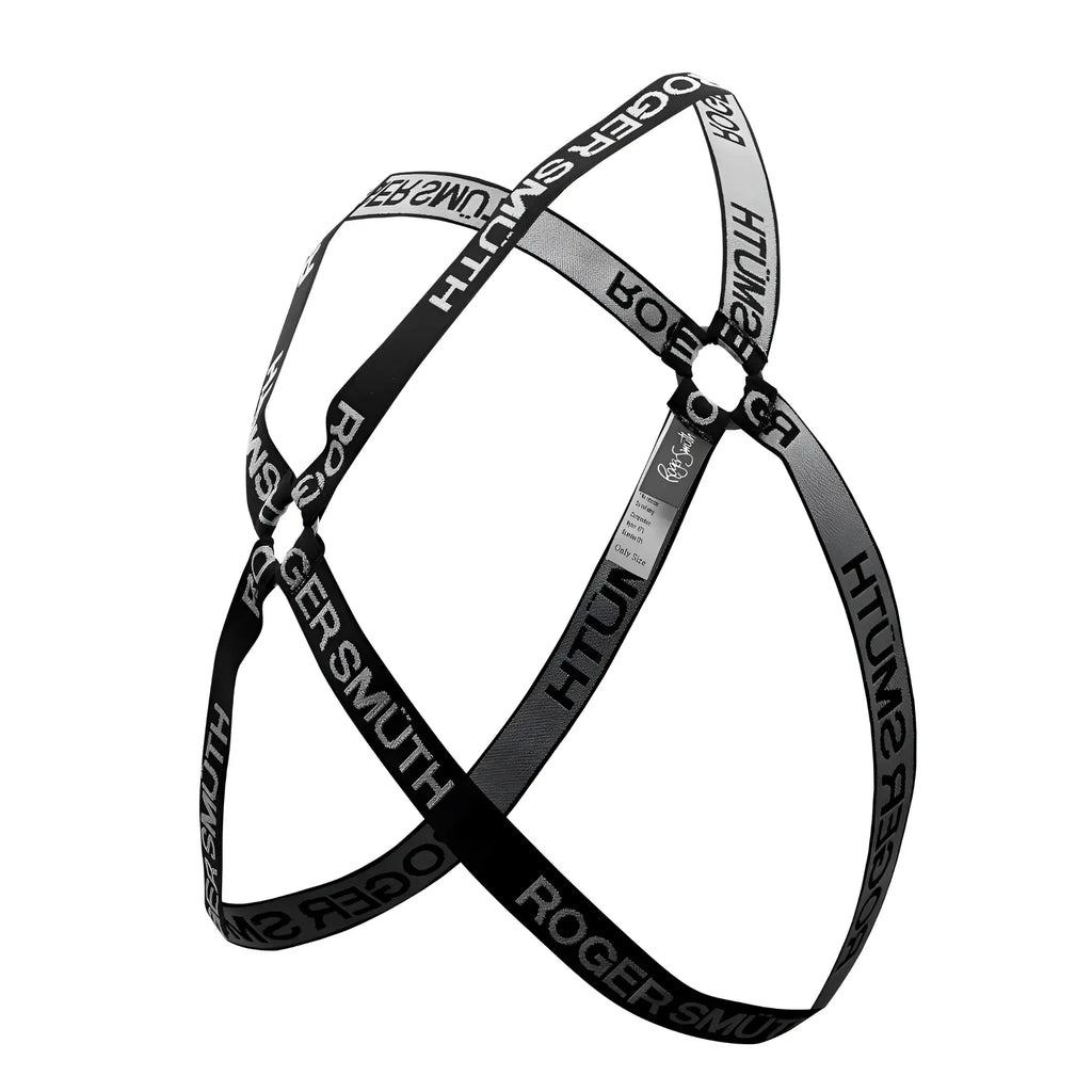 Black and gray striped crossbody strap with bold white roger smith branding for roger smith rs037 harness black