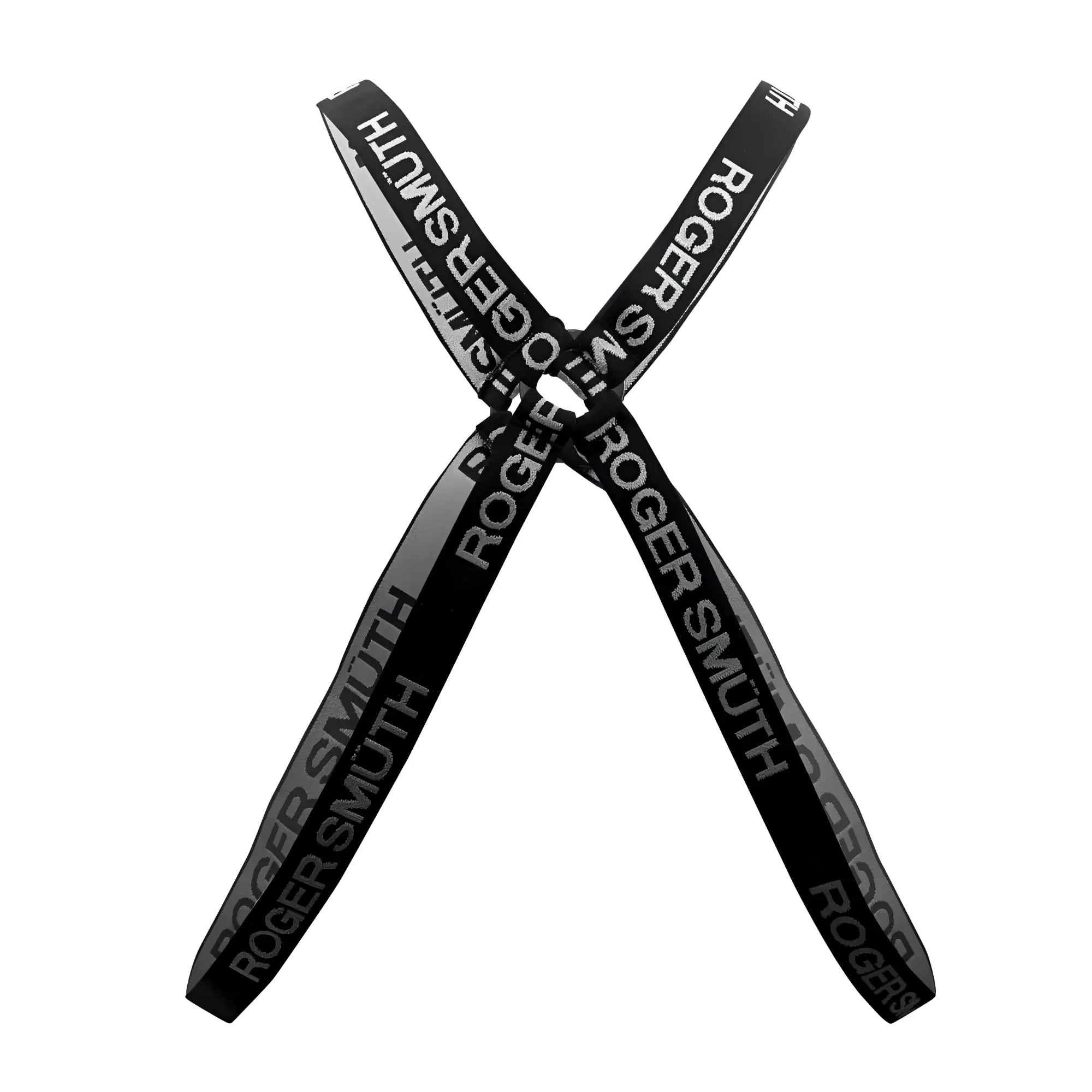Black roger smith rs037 elastic harness strap with repeating silver text for secure fit and style
