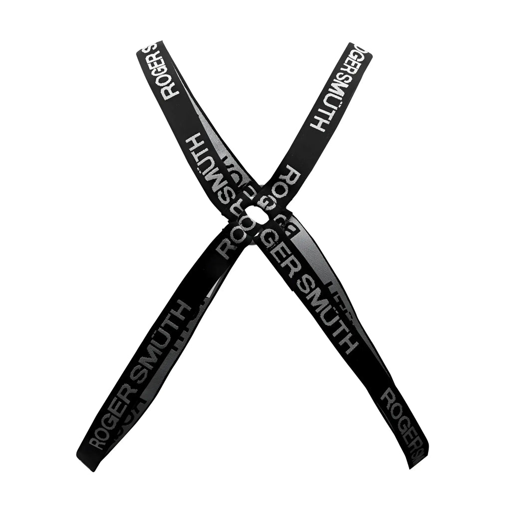 Black roger smith branded strap with repeating white lettering on the roger smith rs037 black harness