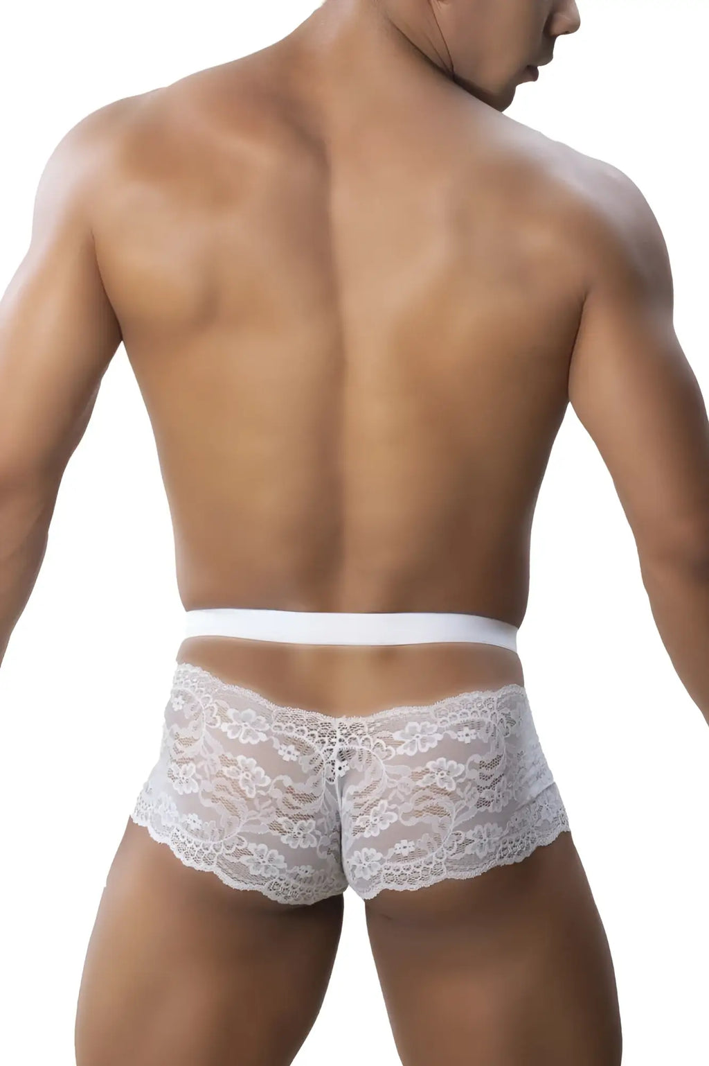 Roger smuth rs047 trunks white lace briefs with delicate floral pattern and solid white waistband front view