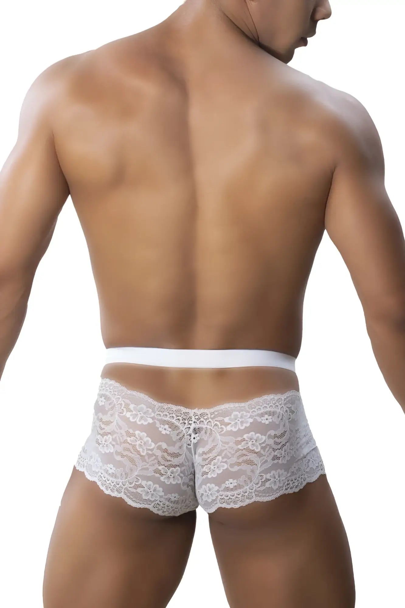 Roger smuth rs047 trunks white lace briefs with delicate floral pattern and solid white waistband front view