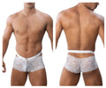 White lace mens underwear trunks with delicate floral pattern and elastic waistband by Roger Smuth RS047 in white