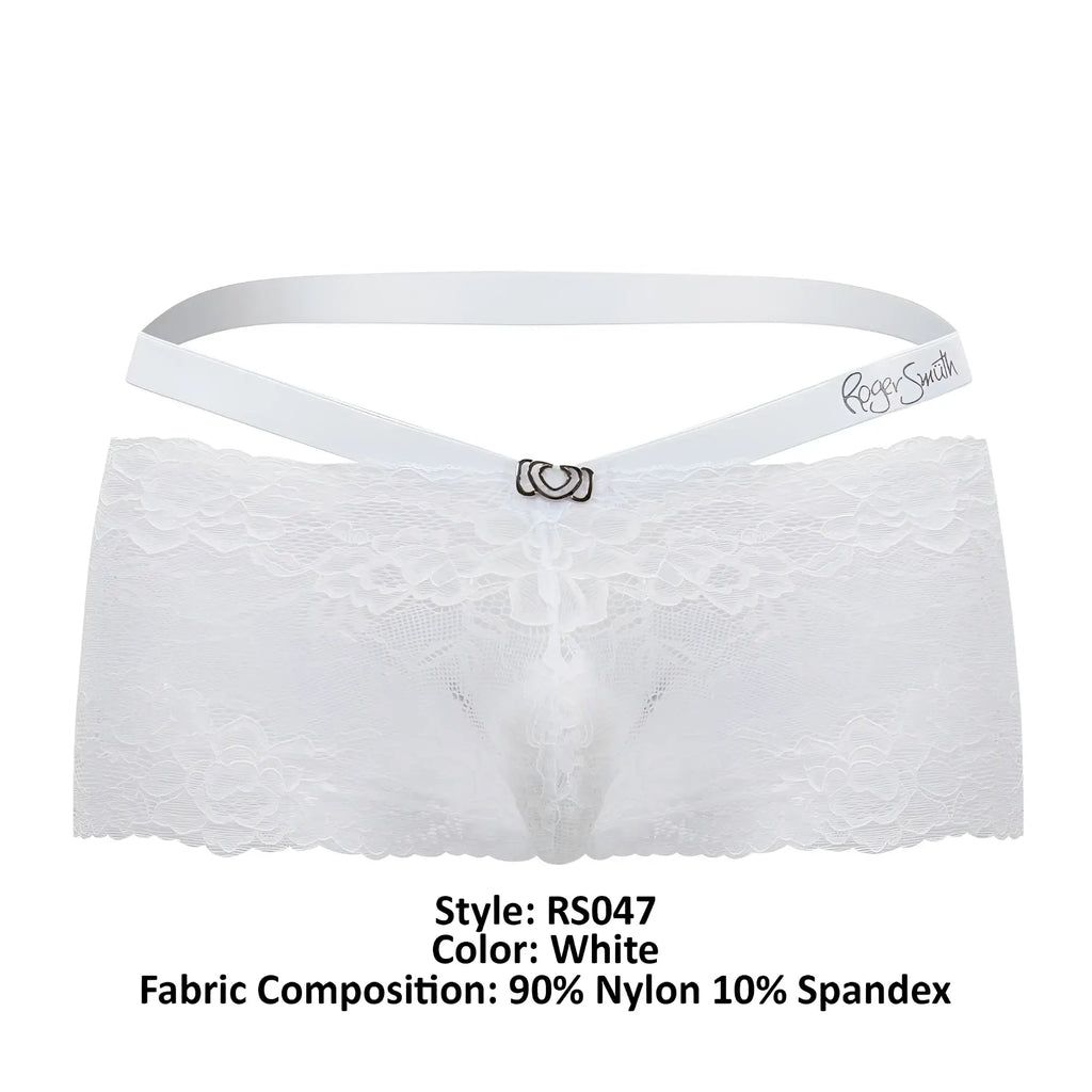 White lace thong with satin waistband and silver heart clasp embroidered with roger smith from RS047 trunks white collection