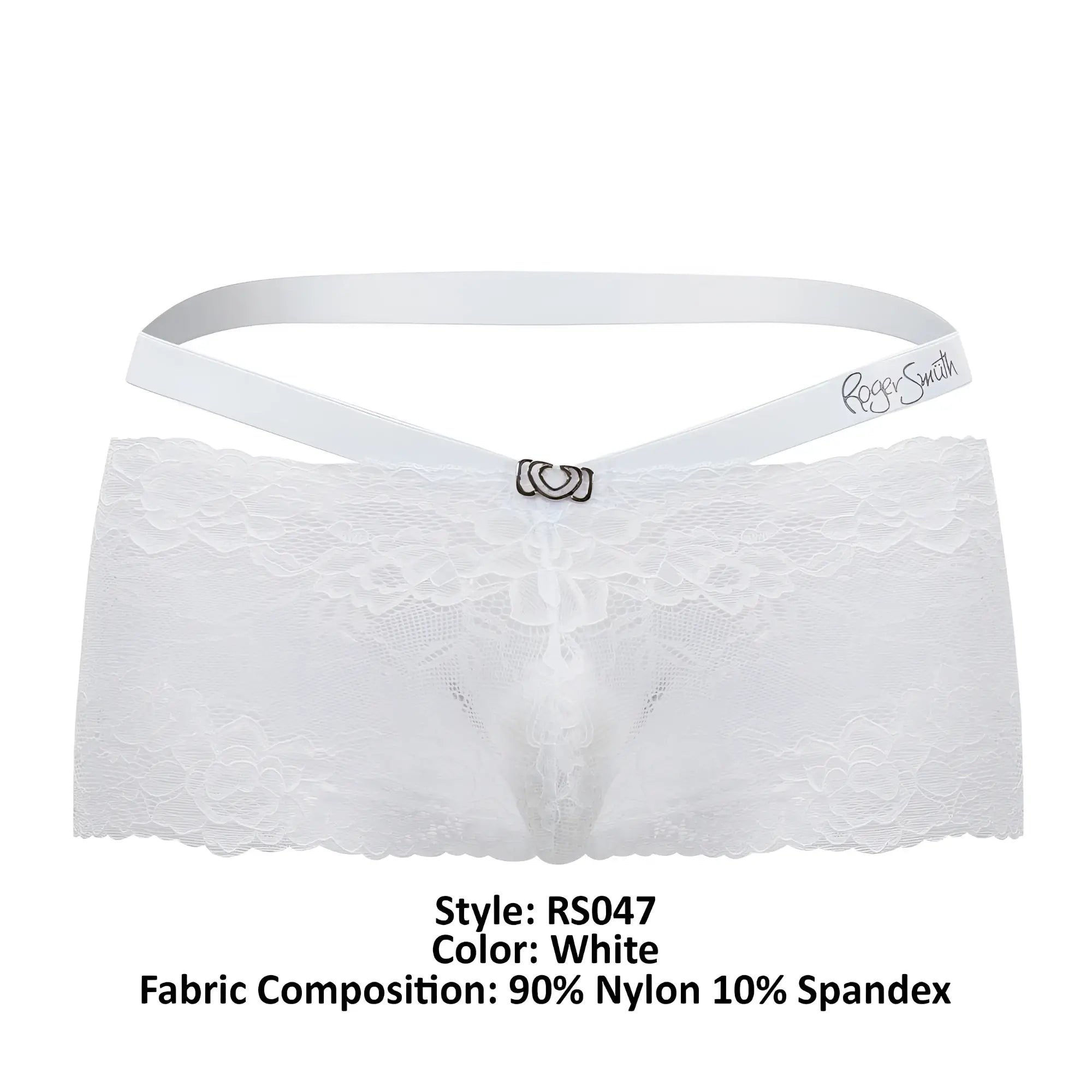 White lace thong with satin waistband and silver heart clasp embroidered with roger smith from RS047 trunks white collection