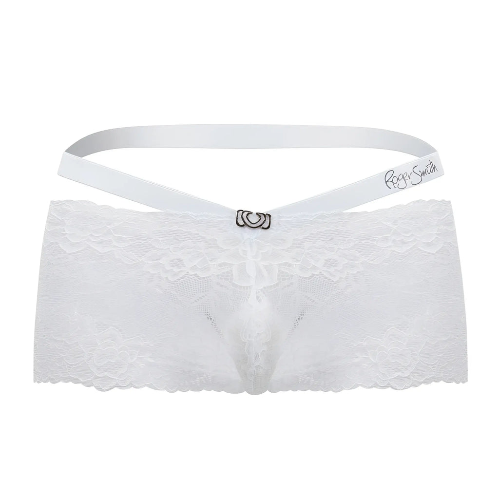 White lace thong with satin waistband and silver clasp embroidered with roger smith from rs047 trunks collection