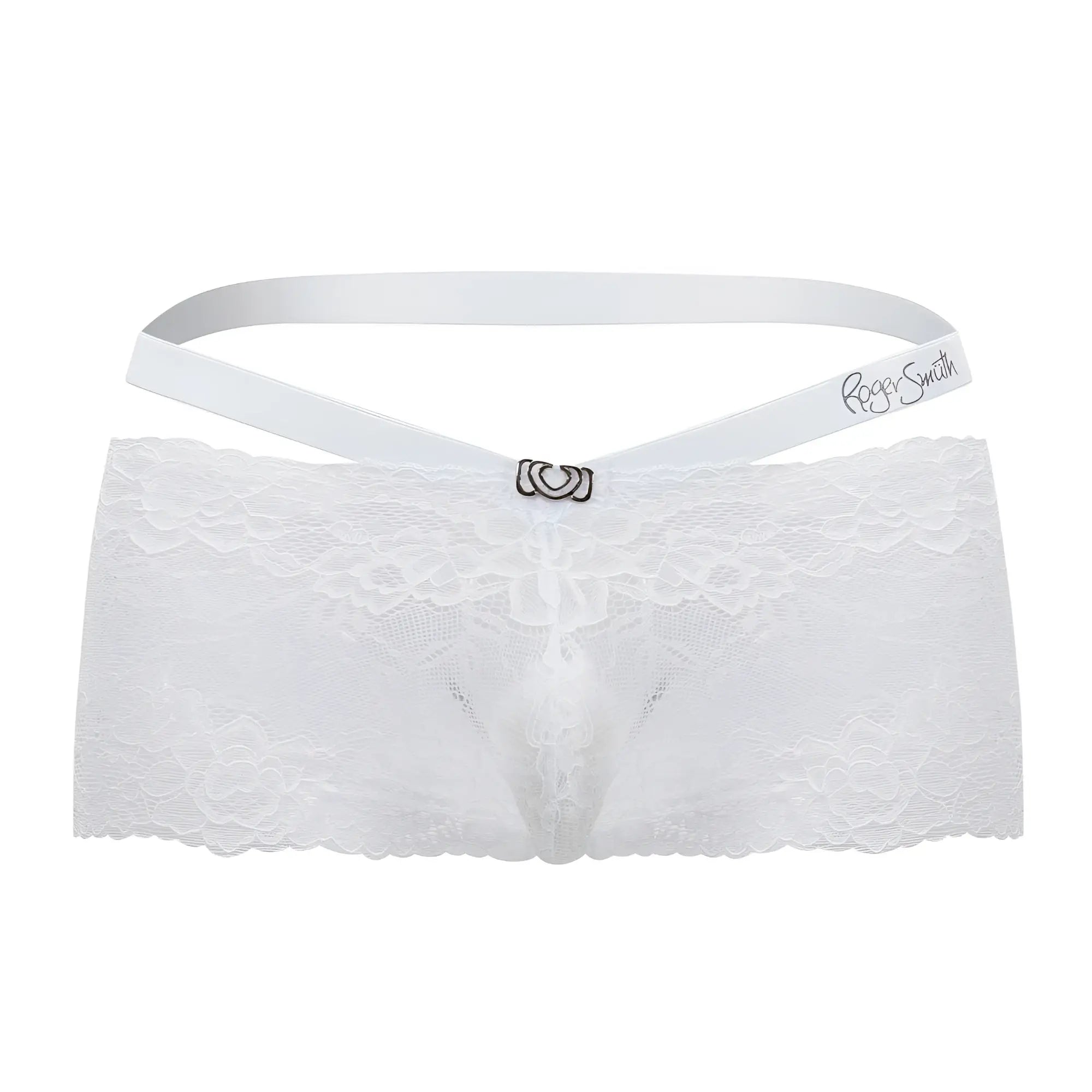 White lace thong with satin waistband and silver clasp embroidered with roger smith from rs047 trunks collection