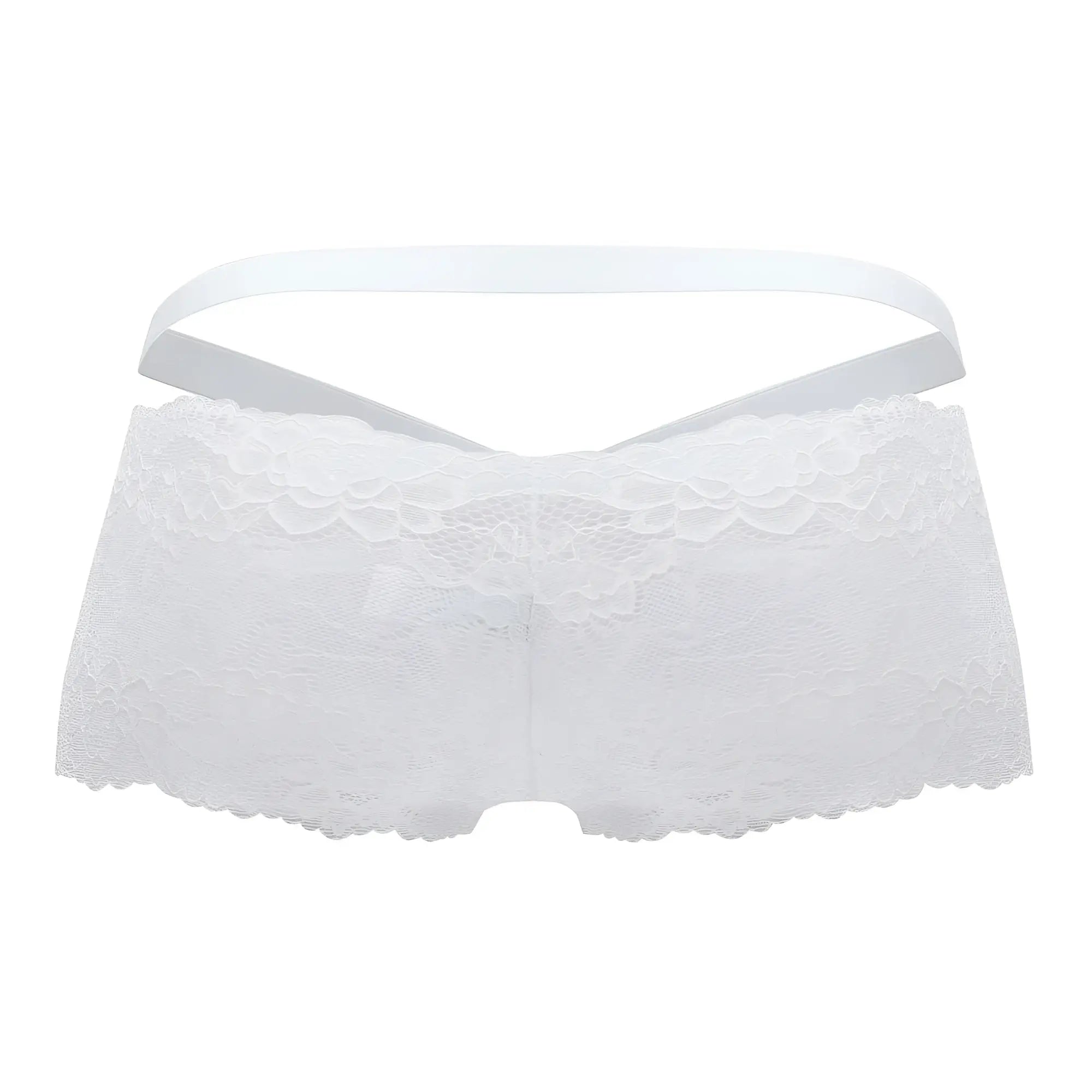Roger smuth RS047 white lace trunks featuring a delicate floral pattern and thin elastic waistband