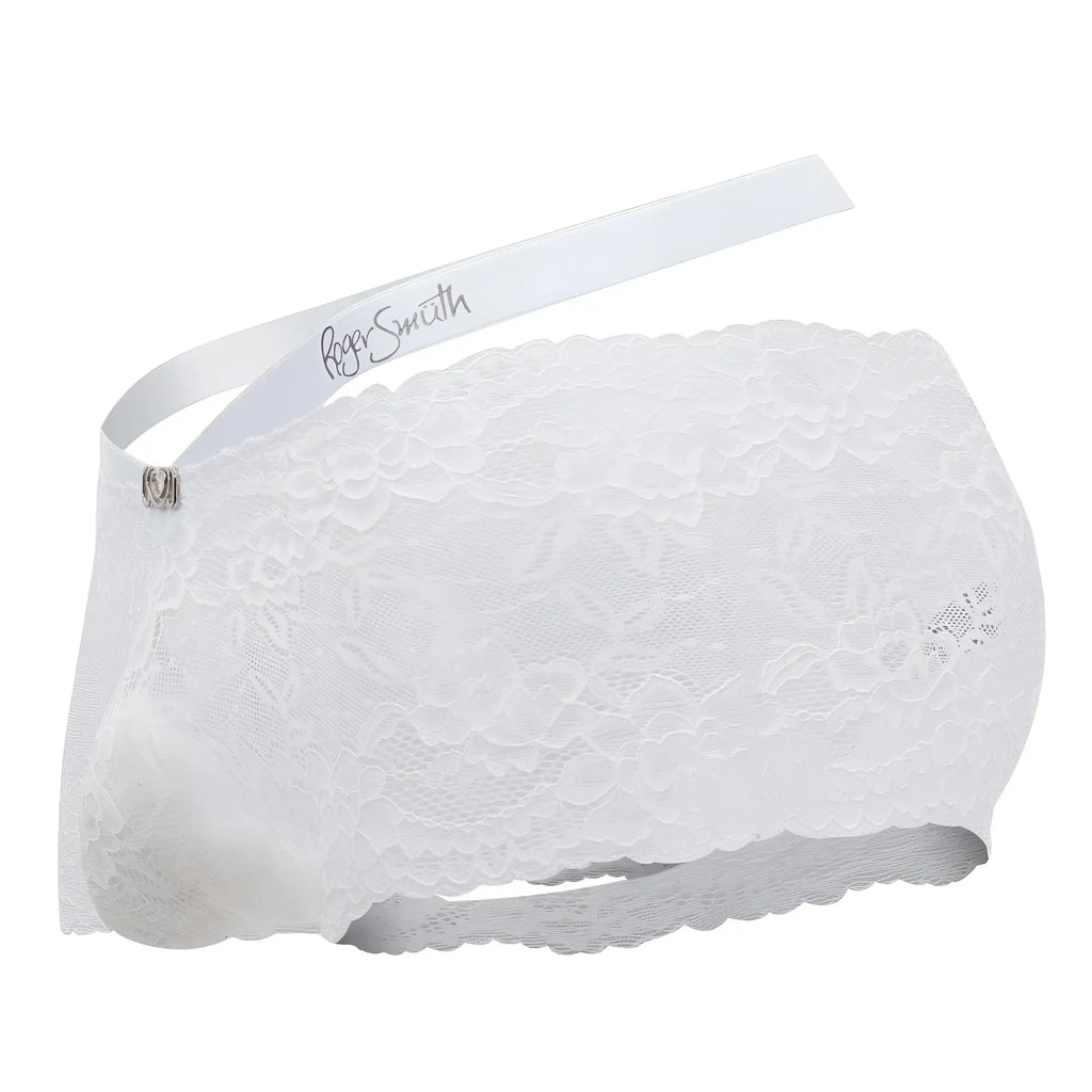 White lace roger smith rs047 trunks with scalloped edge and satin ribbon waistband in white color