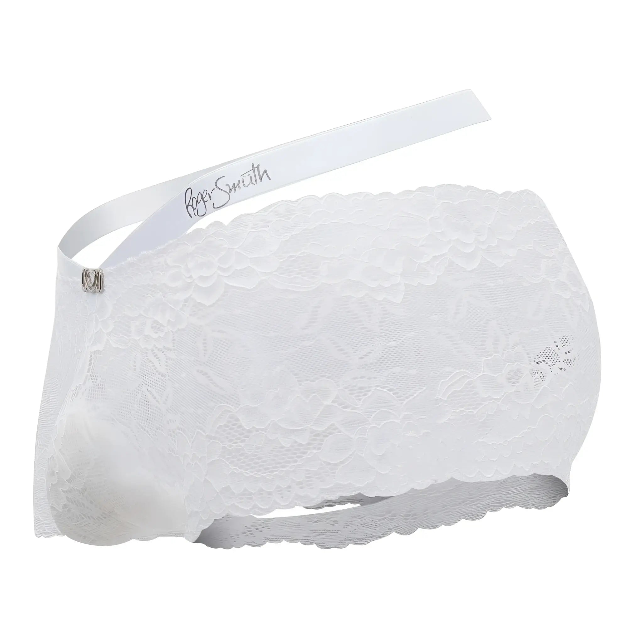 White lace roger smith rs047 trunks with scalloped edge and satin ribbon waistband in white color