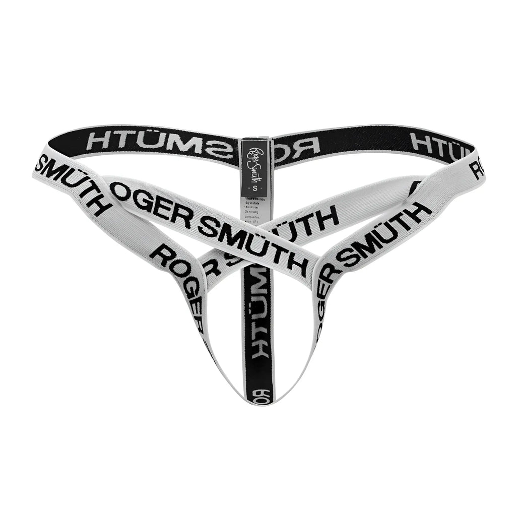 White and black roger smuth rs067 thong with bold elastic band lettering in white color for stylish comfort