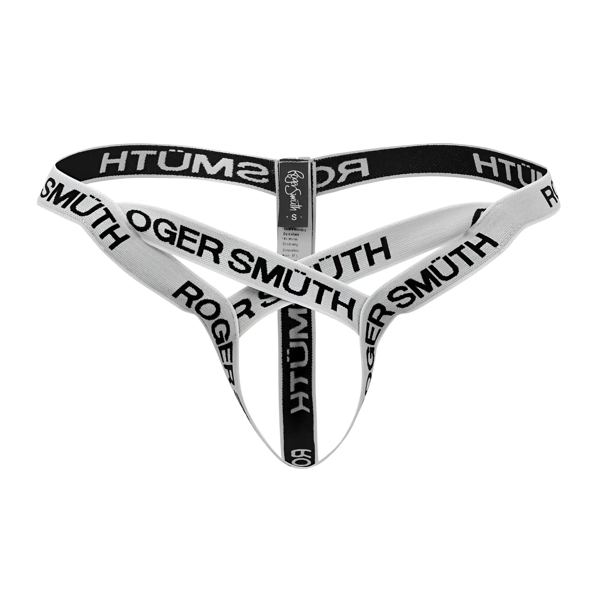 White and black roger smuth rs067 thong with bold elastic band lettering in white color for stylish comfort