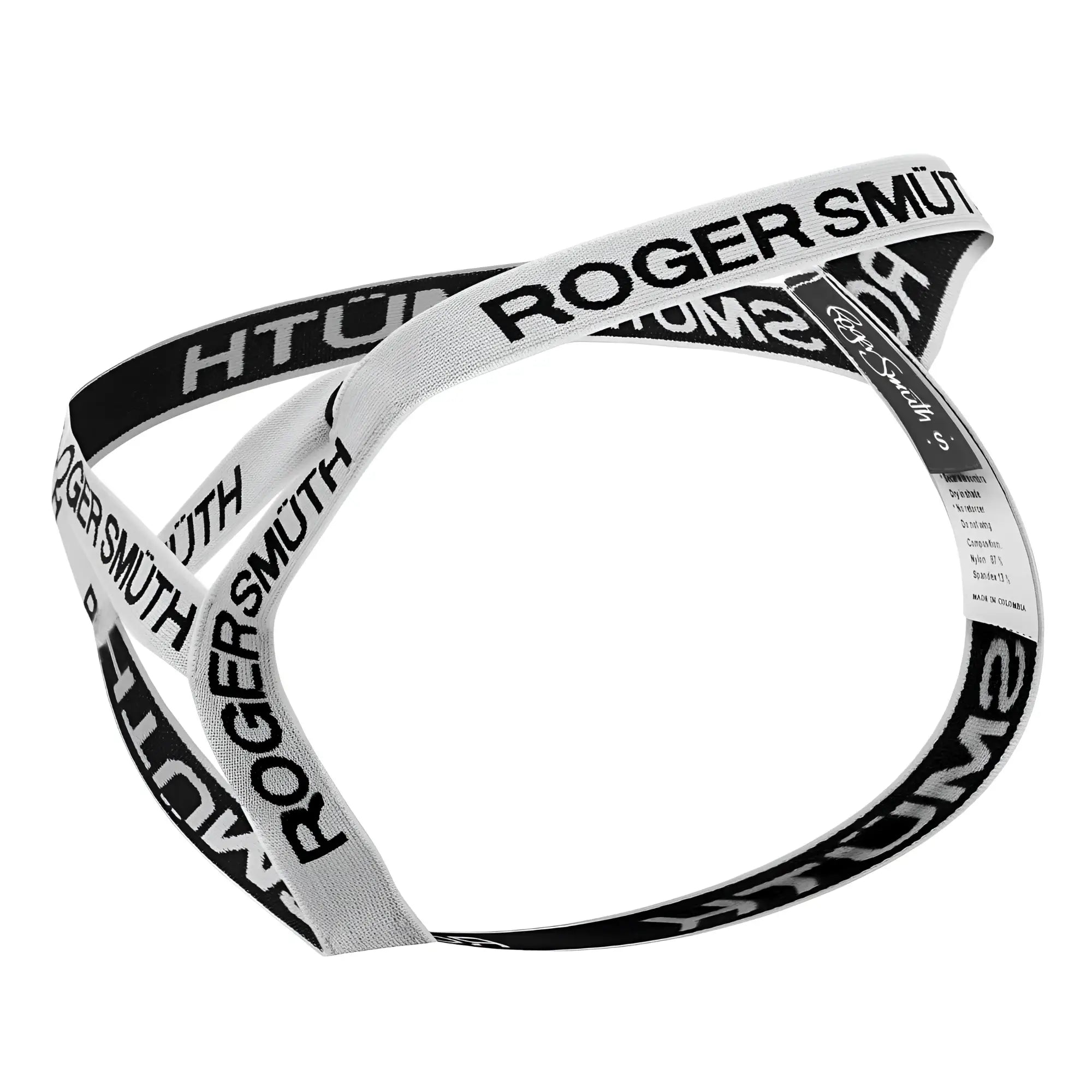White roger smuth rs067 thongs with black and white striped elastic waistband featuring roger smüth branding