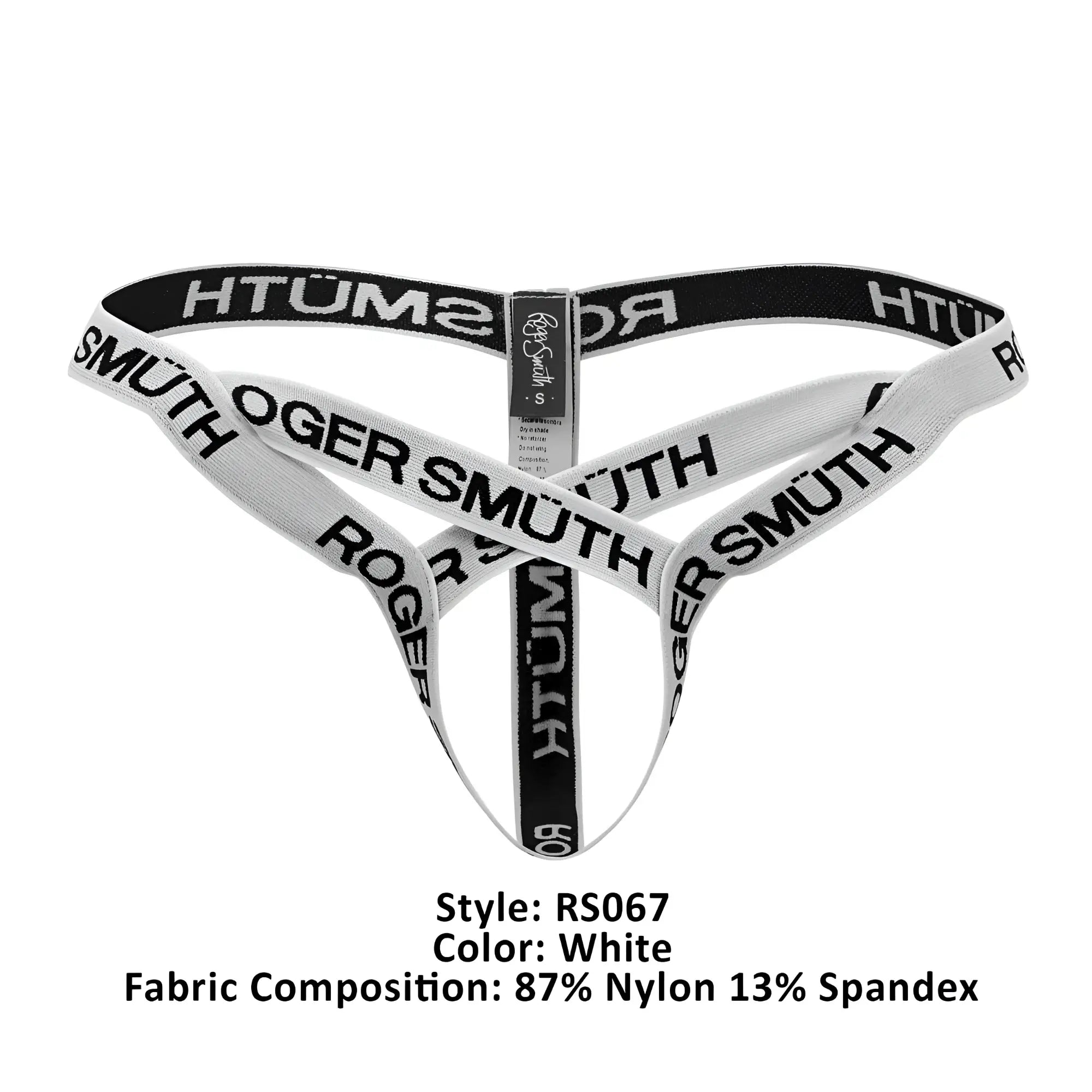 White roger smuth rs067 thong made of 87 percent nylon and 13 percent spandex with black branding