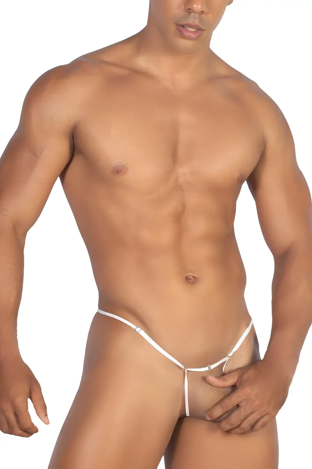 White Roger Smuth RS068 thong with thin adjustable straps and minimalist design shown from the back side