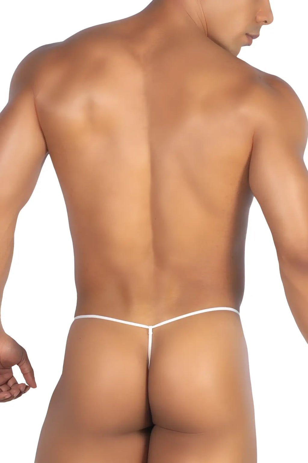 White thong with thin seamless elastic waistband by roger smuth in white shown from the back side