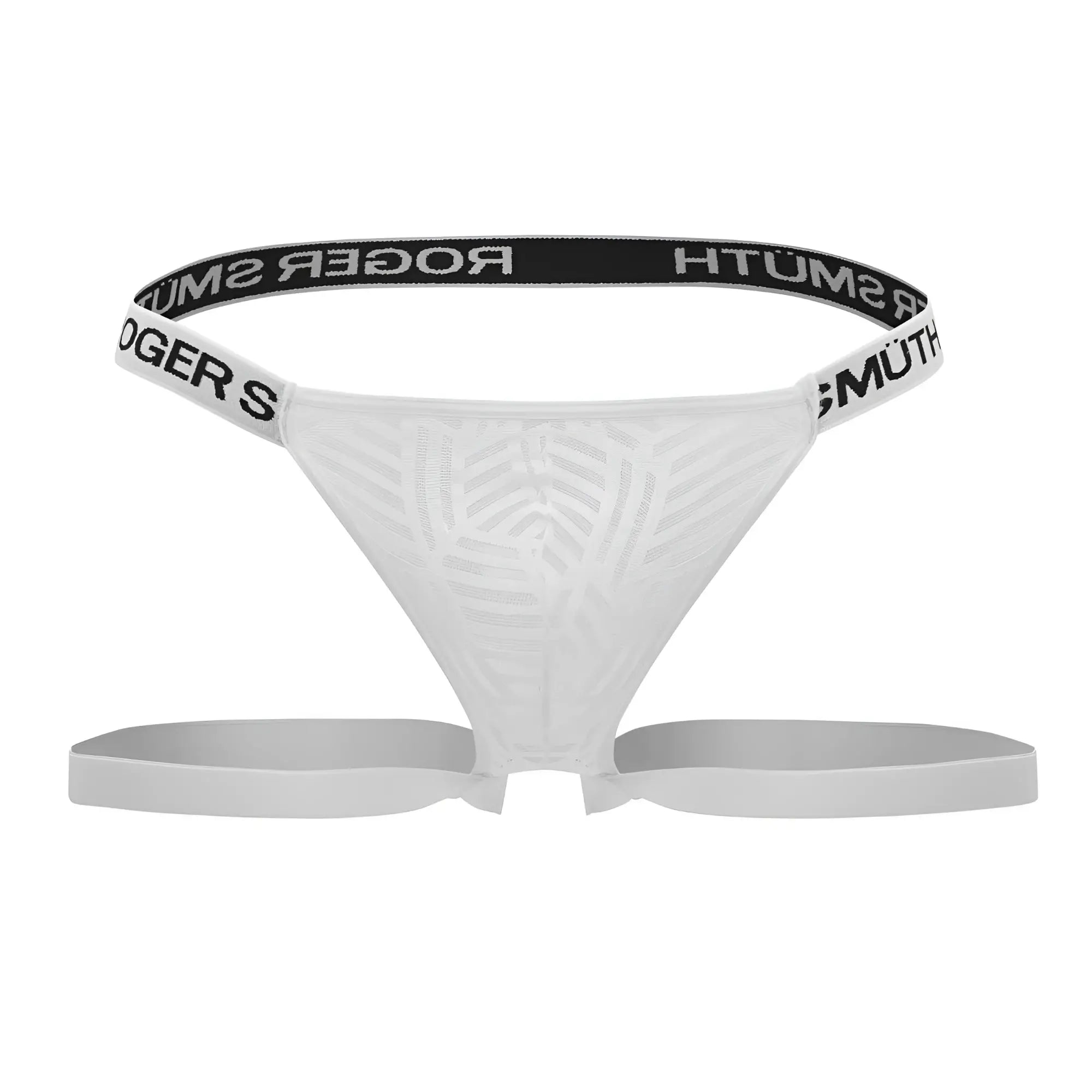 White roger smuth rs071 jockstrap thong with subtle texture and black elastic waistband featuring brand name in white