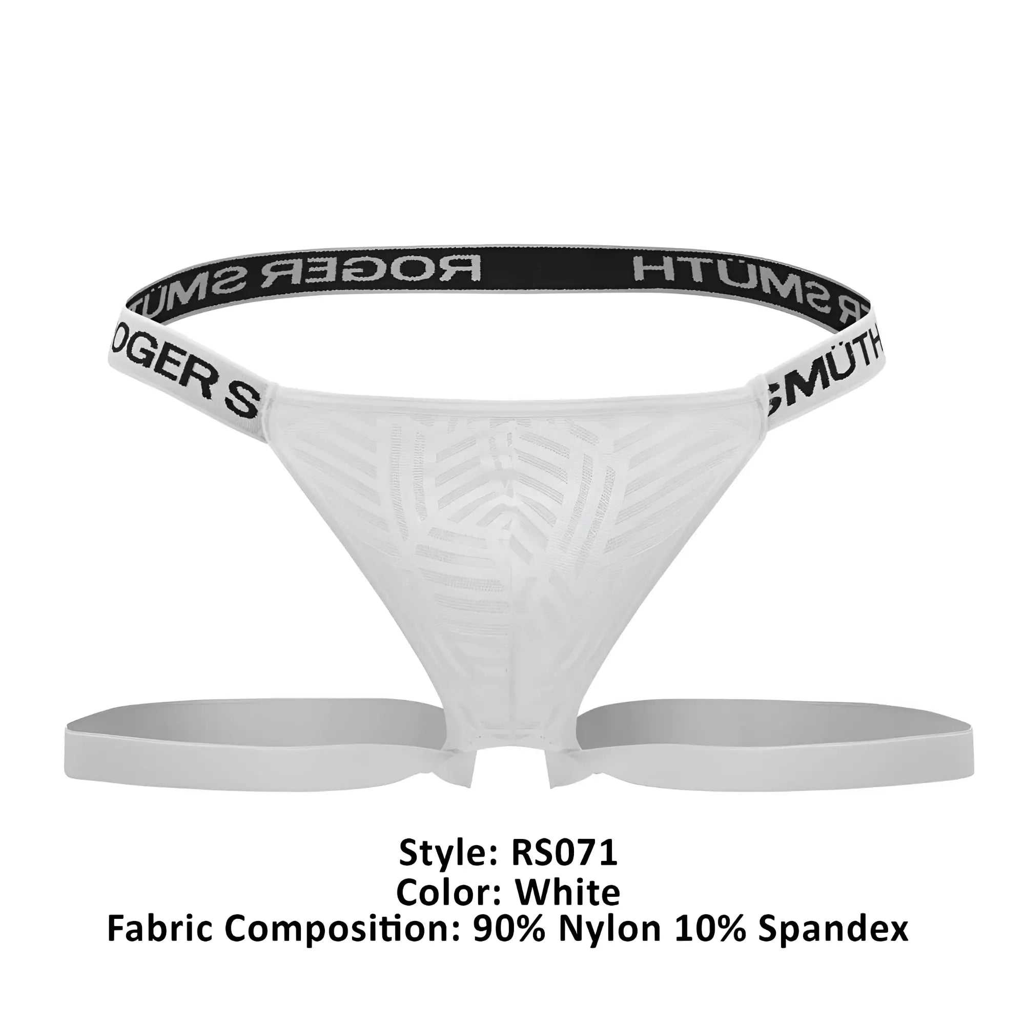 White roger smuth rs071 jockstrap with subtle texture and black elastic waistband featuring brand name in white letters