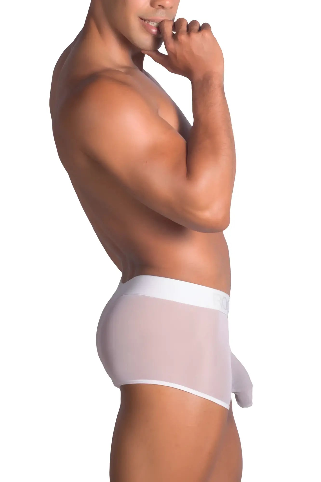 Roger smuth rs072 trunks in white with sheer mesh briefs featuring a solid waistband and matching pouch