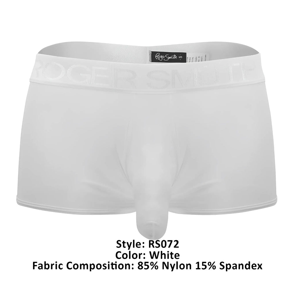 White roger smith men’s briefs rs072 made of 85% nylon 15% spandex in a white color for comfortable wear