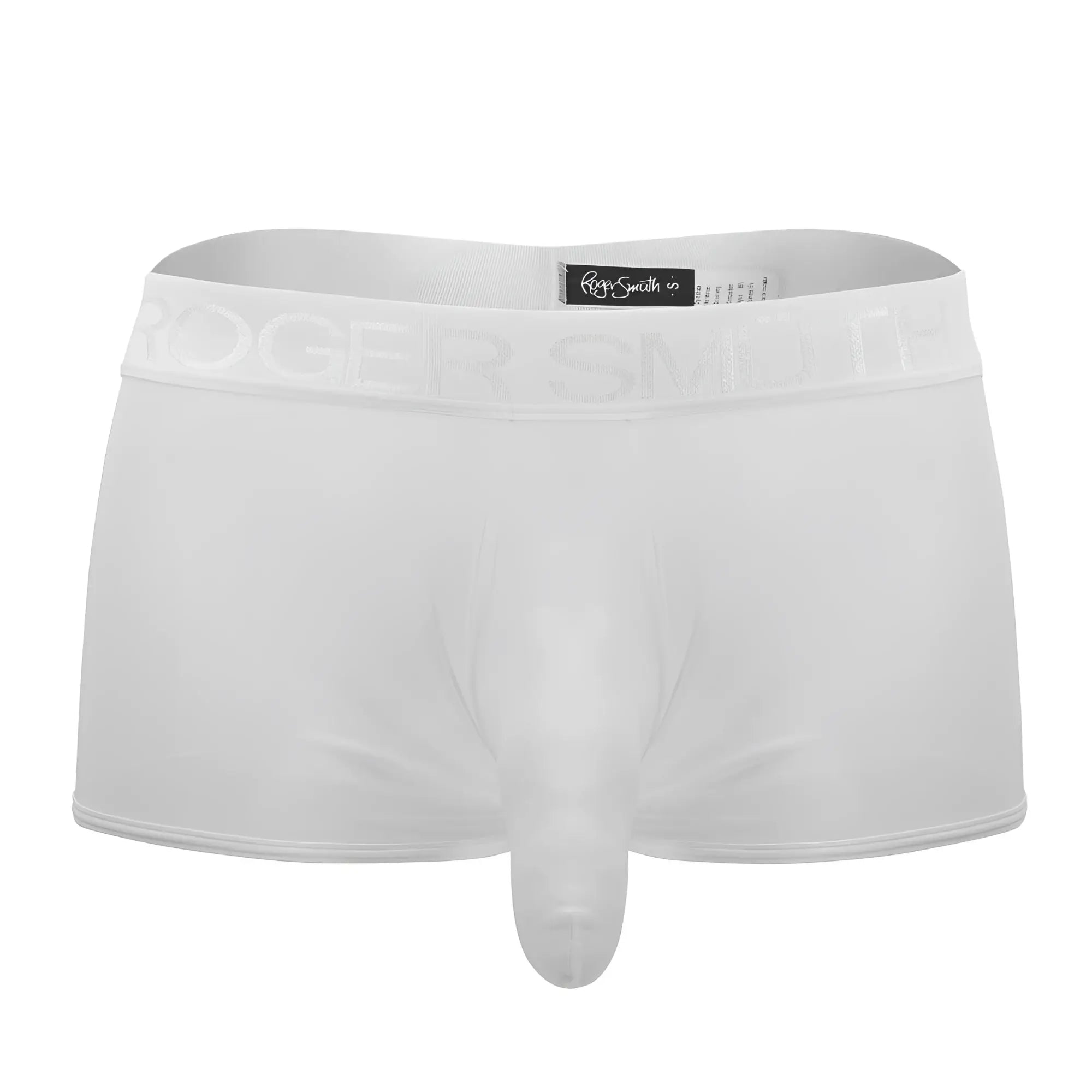 White roger smith rs072 trunks with smooth form-fitting fabric and subtle branded waistband lettering