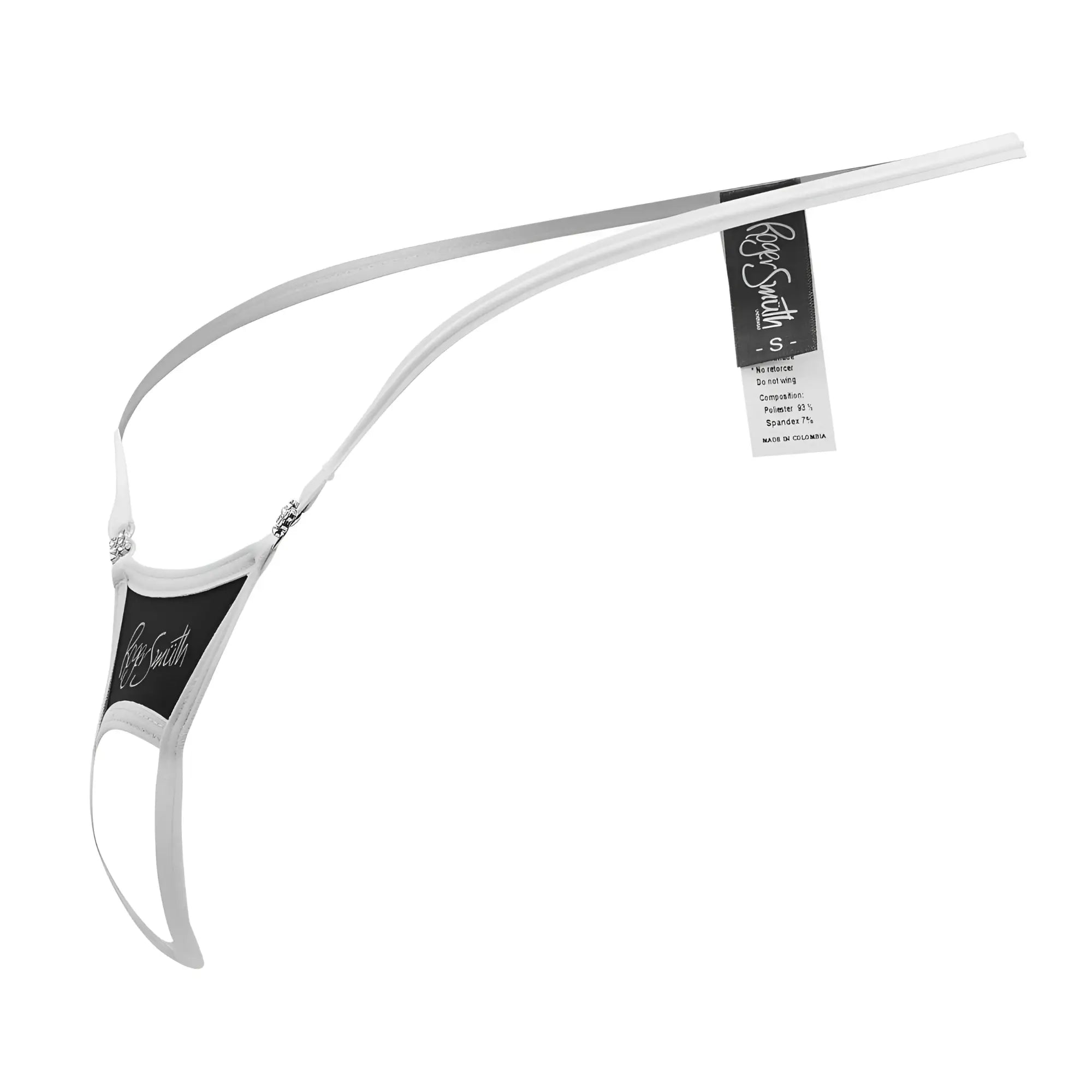 White sheer nylon thong with black branded panels and silver hardware for roger smuth rs076 ball lifter in black