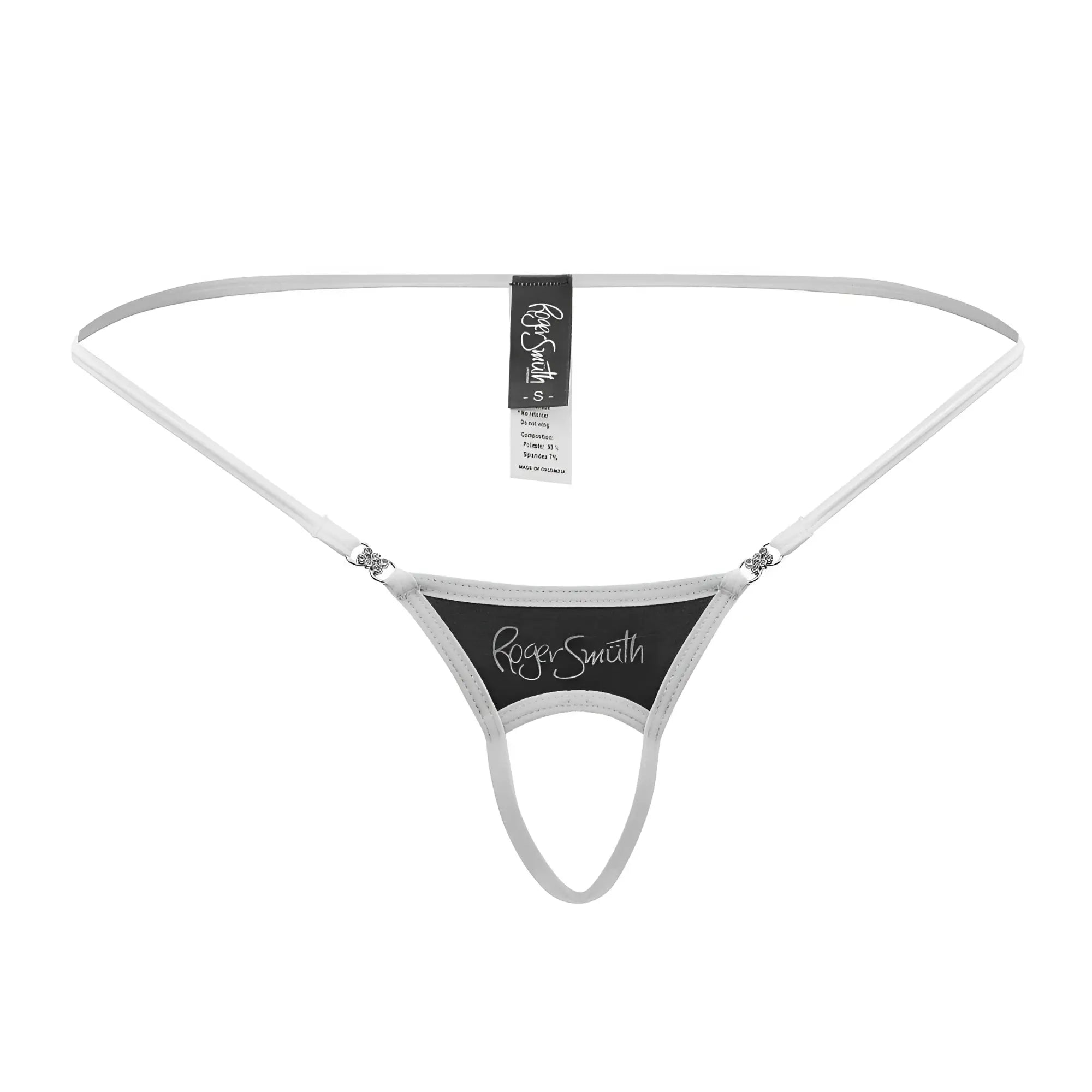 Roger smith RS076 ball lifter thong in black features a sleek minimalist design with thin straps and central panel
