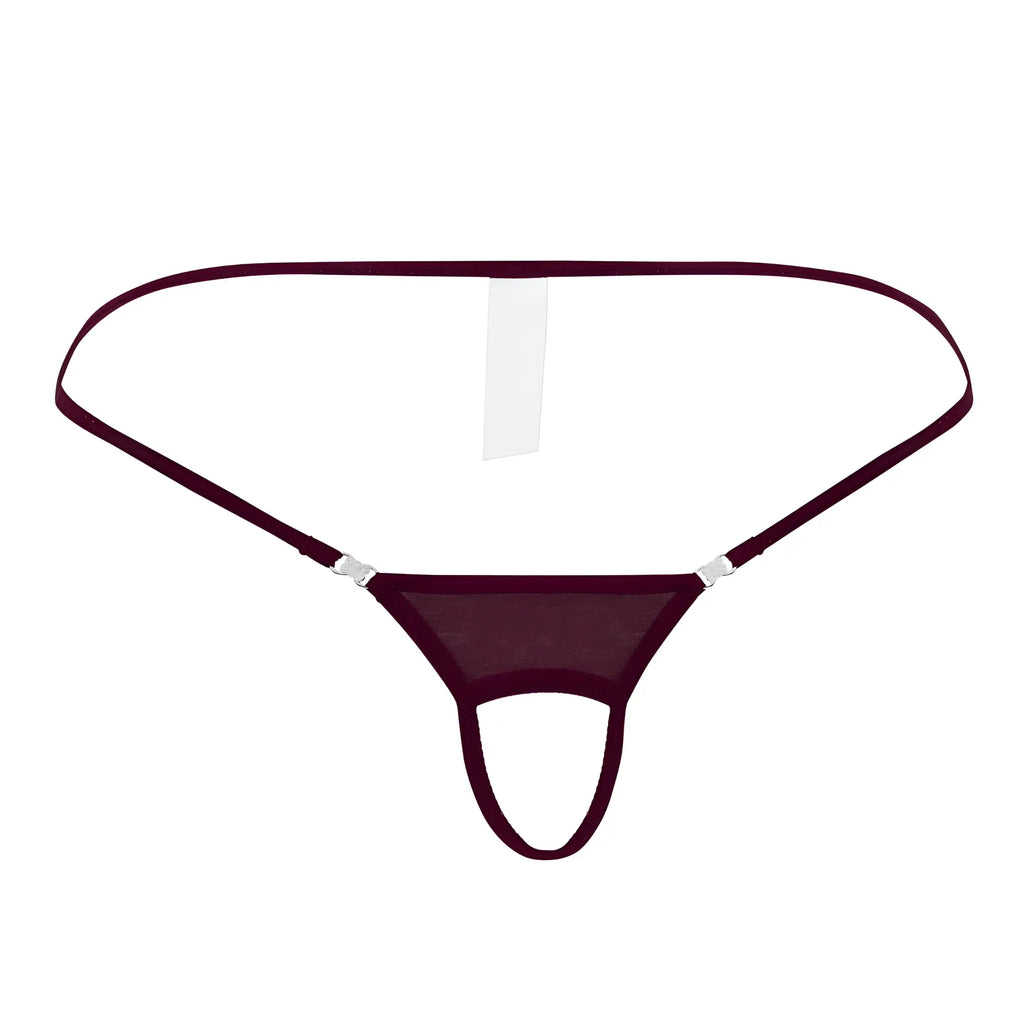 Maroon mesh thong with thin elastic straps and silver metal clasps from Roger Smuth RS076 ball lifter burgundy