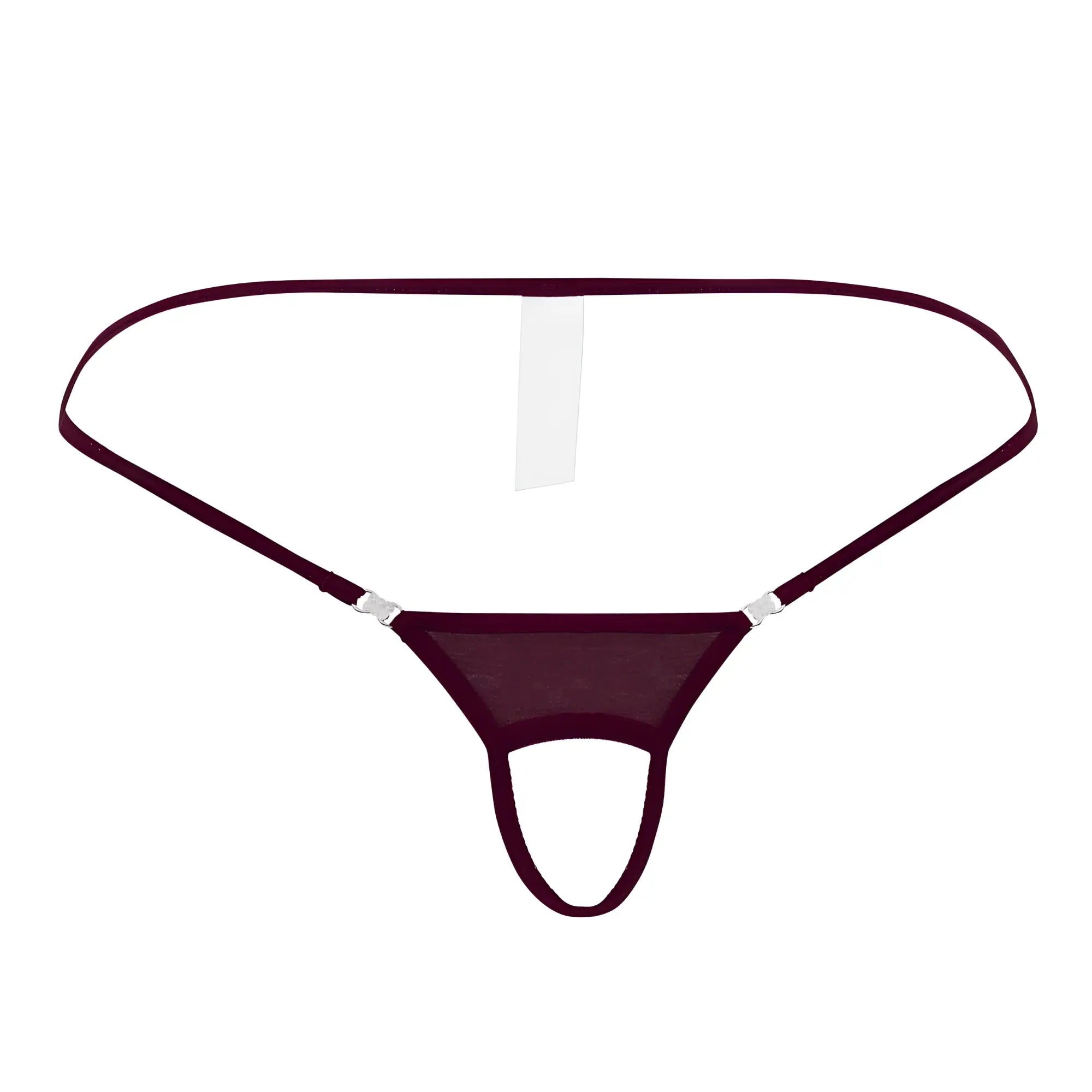 Maroon mesh thong with thin elastic straps and silver metal clasps from Roger Smuth RS076 ball lifter burgundy